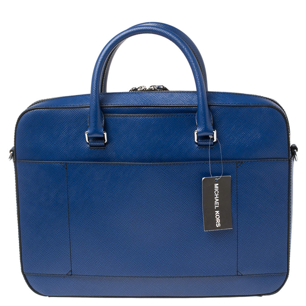 Michael Kors Sapphire Blue Leather Harrison Front Zip Briefcase Michael Kors TLC