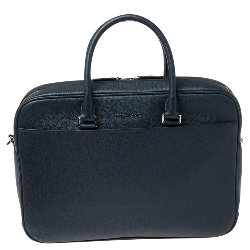 Michael Kors Navy Blue Leather Cooper Double Zip Casual Briefcase 