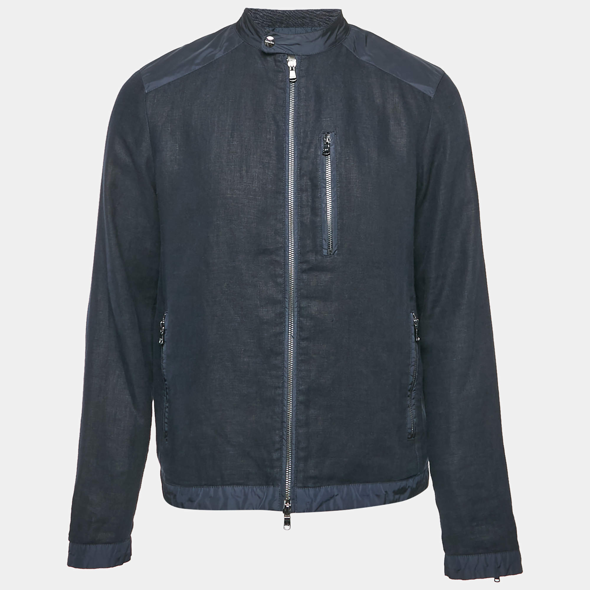Michael Kors Navy Blue Nylon Trim Linen Zip-Up Jacket M