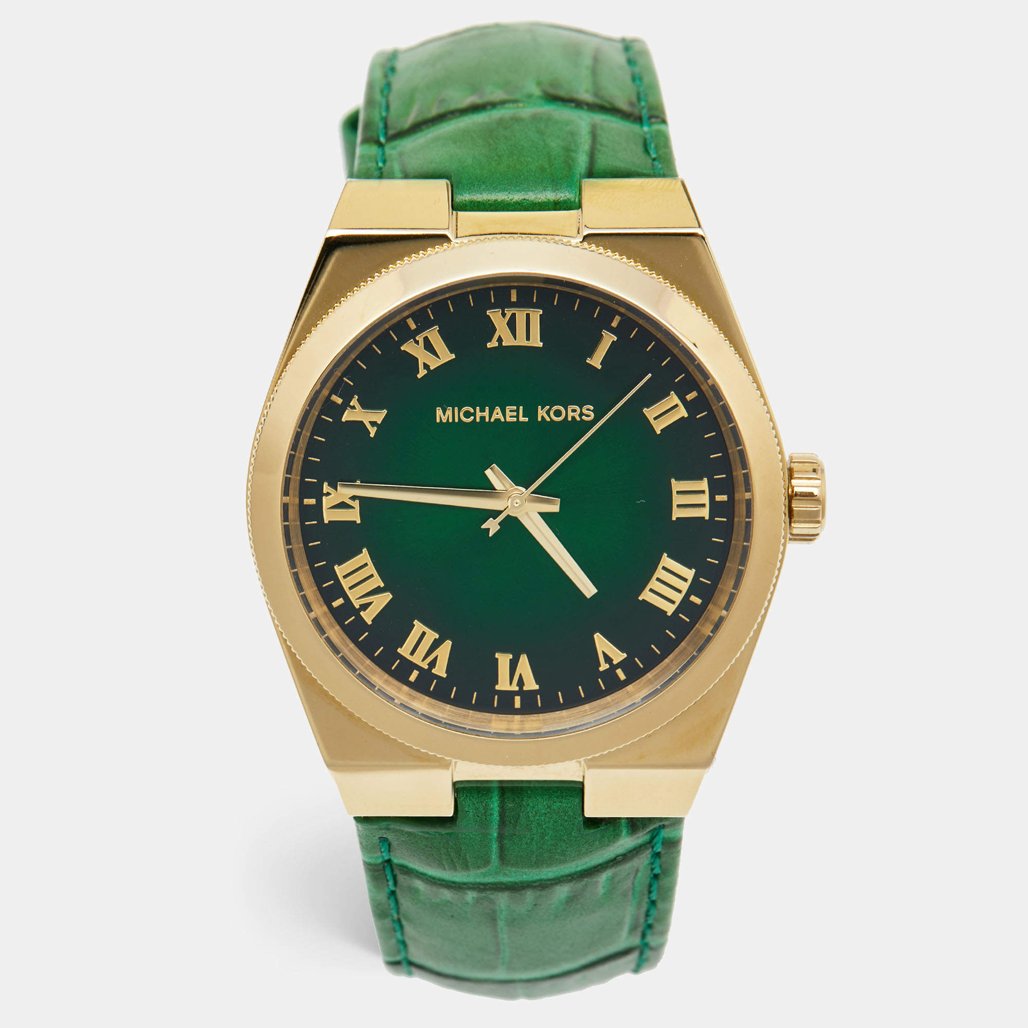 Michael Kors Green Gold Plated Stainless Steel Leather Channing MK2356 Unisex Wristwatch 38 mm 