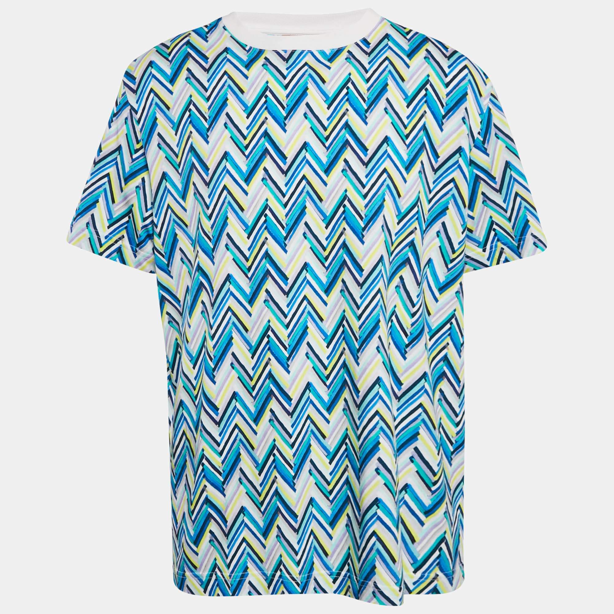 Pre Owned Missoni Blue/White Zig Zag Print Cotton Crew Neck T-Shirt XXL