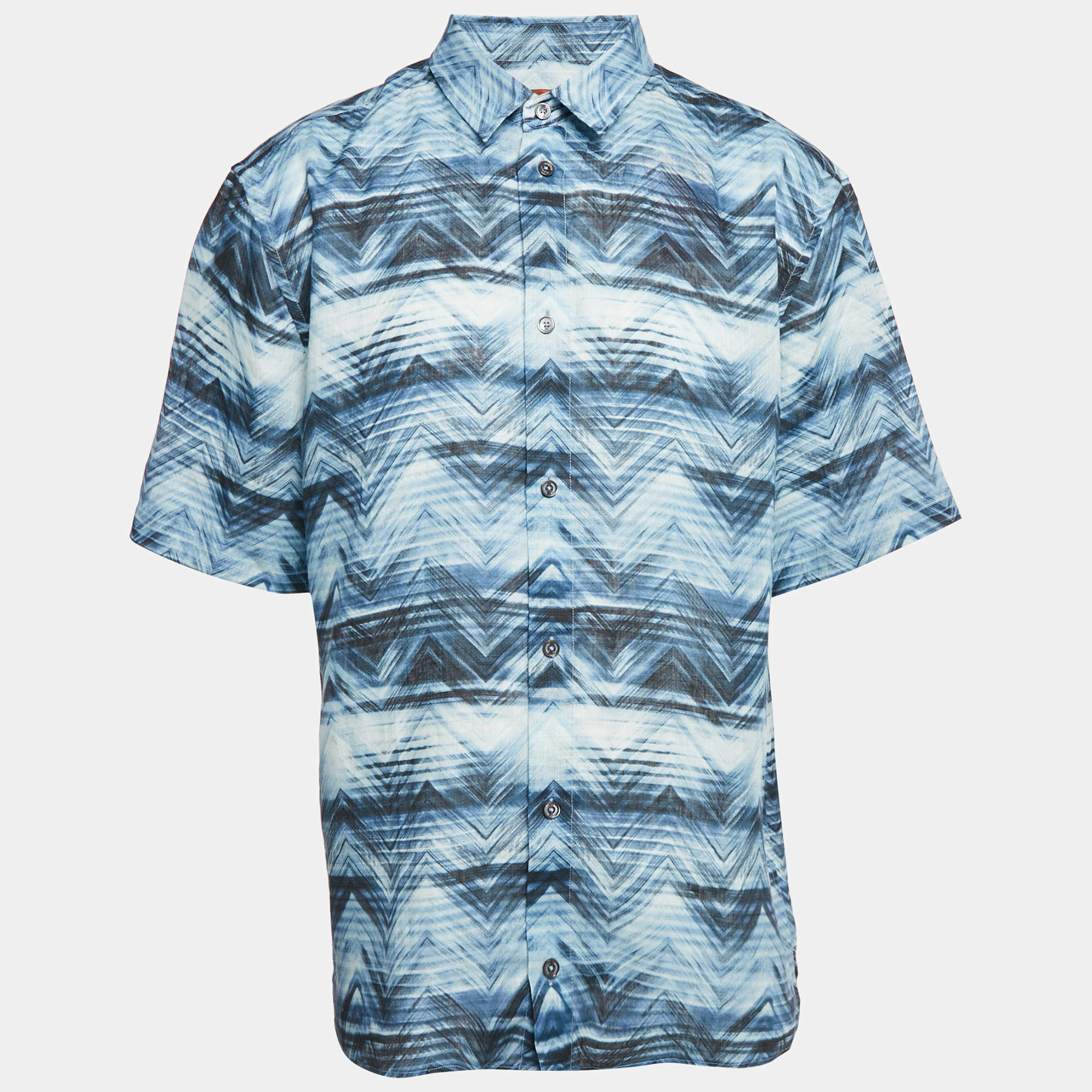 Missoni Blue Macro Chevron Print Linen Short Sleeve Button Front XL