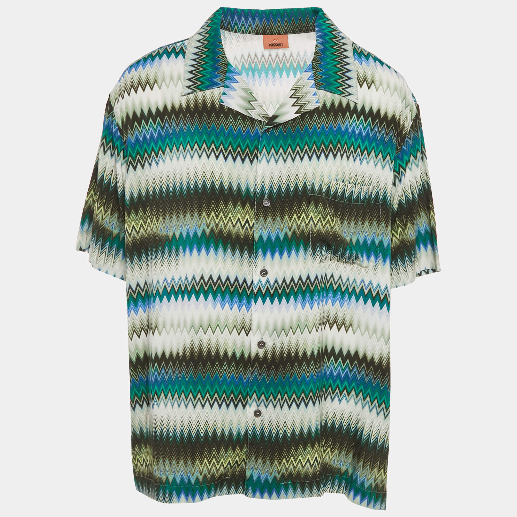 Pre Owned Missoni Green Zig Zag Print Crepe Short Sleeve Shirt XXL