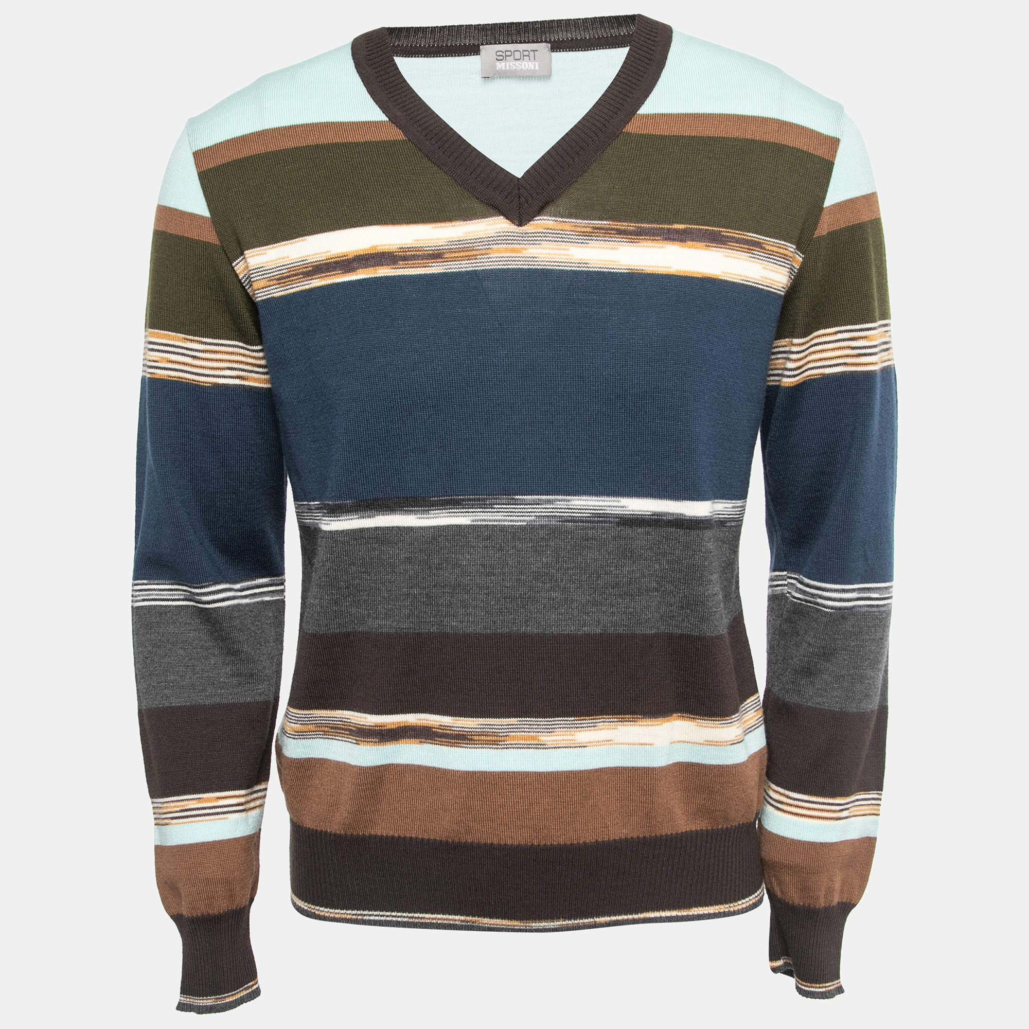 Missoni Sport Multicolor Patterned Wool Knit V-Neck Sweater L
