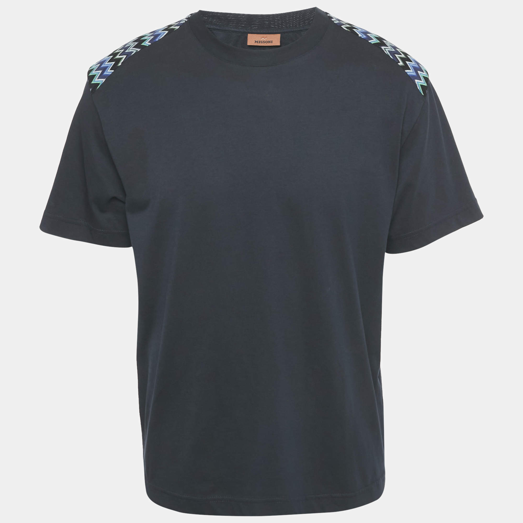 Pre Owned Missoni Navy Blue Zig Zag Detail Cotton T-Shirt S