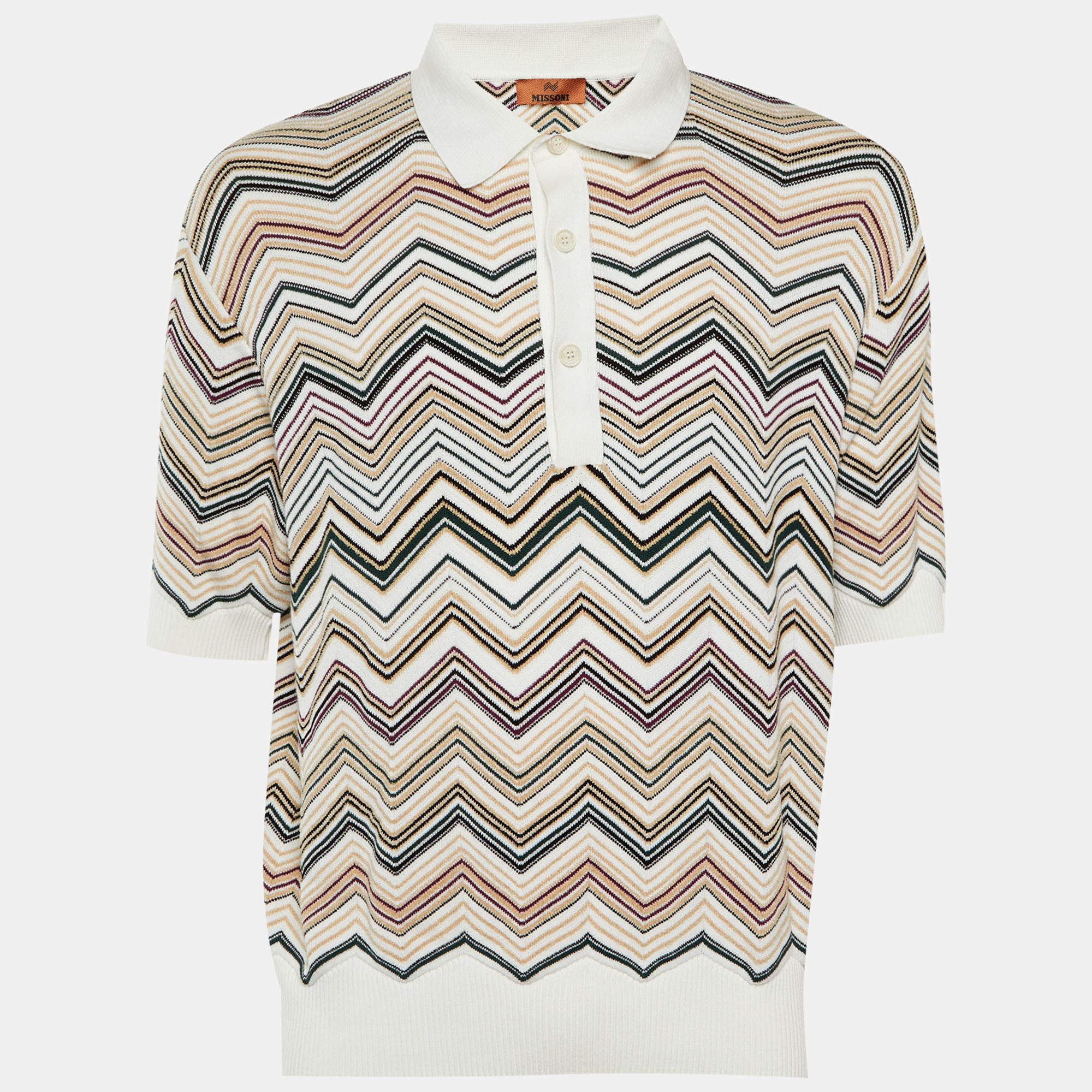 مملوكة مسبقًا Missoni White Chevron Cotton Knit Polo T-Shirt M