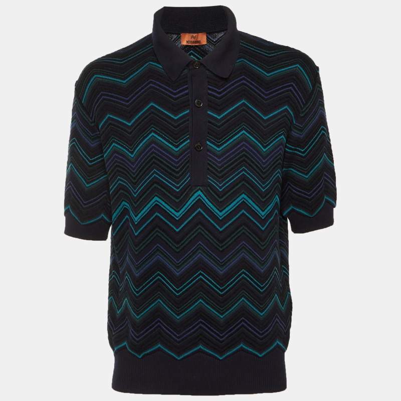 Pre Owned Missoni Navy Blue Chevron Cotton Knit Polo T-Shirt M