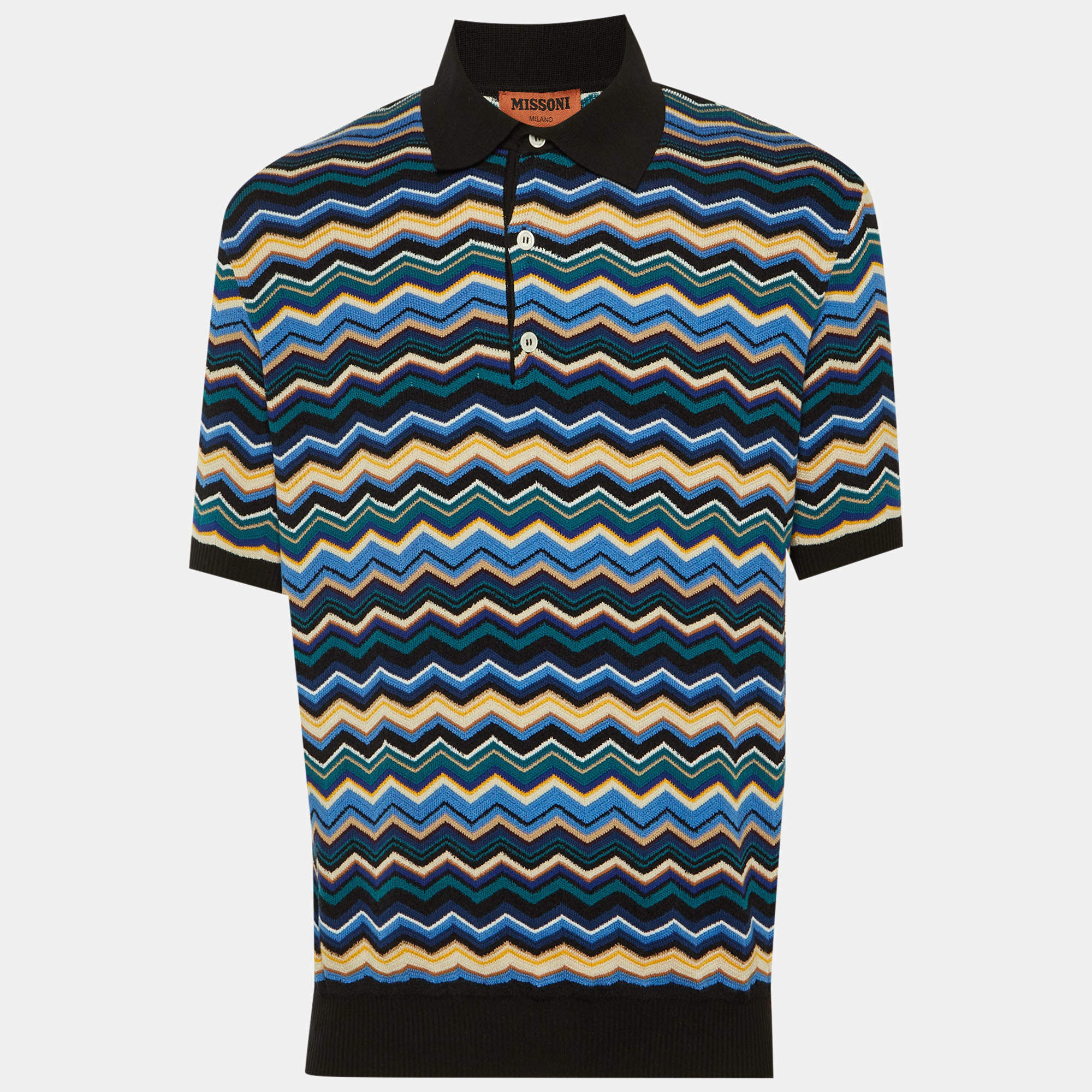 Pre Owned Missoni Black/Blue Chevron Knit Polo T-Shirt L