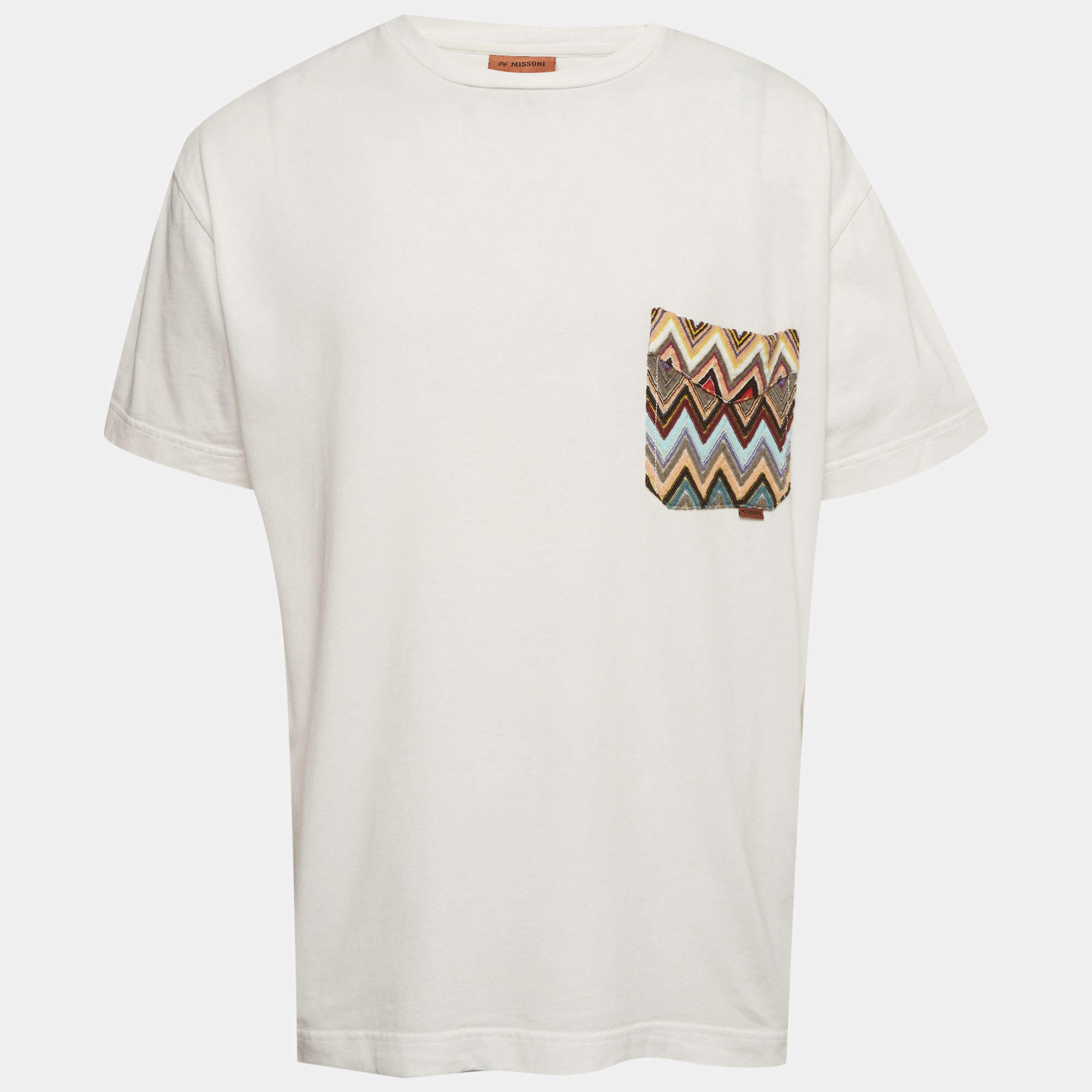 مملوكة مسبقًا Missoni White Zig Zag Patched Jersey Crewneck Pocket T-Shirt L