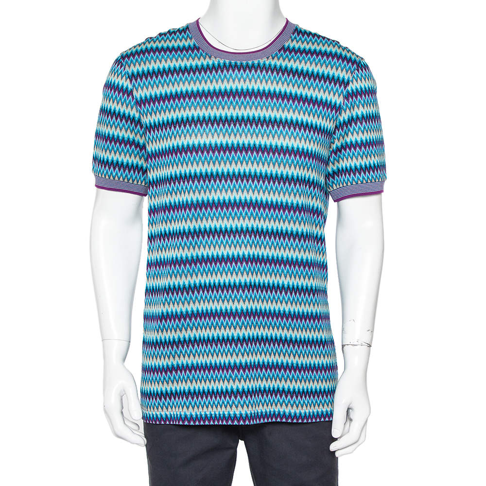 Pre Owned Missoni Blue Chevron Patterned Cotton Knit Roundneck T-Shirt XL