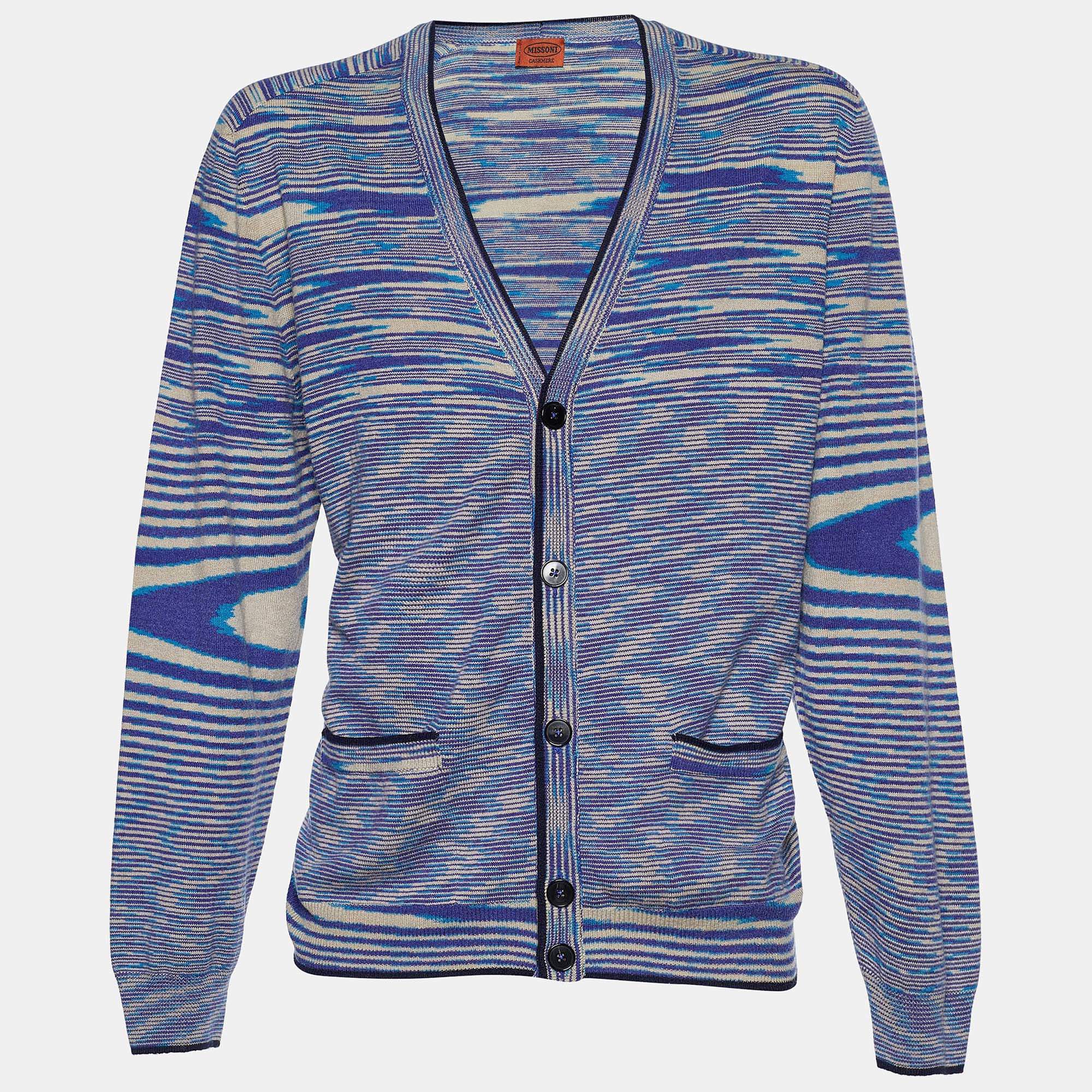 Pre Owned كارديغان ميزوني تريكو كشمير أزرق مخطط بأزرار أمامية مقاس كبير جدًا جدًا جدًا - إكس إكس إكس لارج