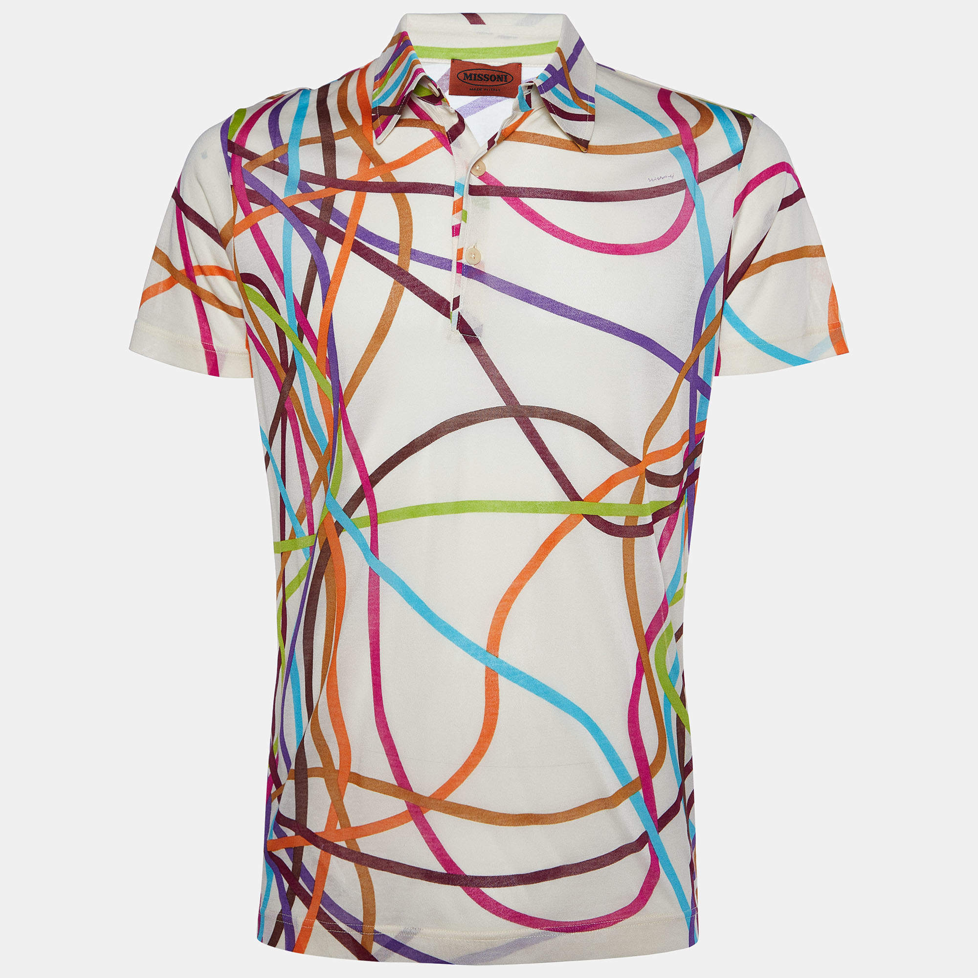 Pre Owned Missoni Cream Ribbon Print Cotton & Silk Fitted Polo T-Shirt XL