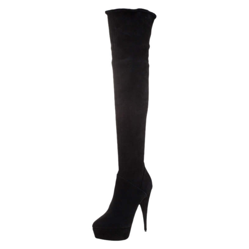 Pre Owned Miu Miu Black Suede Over The Knee Platform Boots Size 39