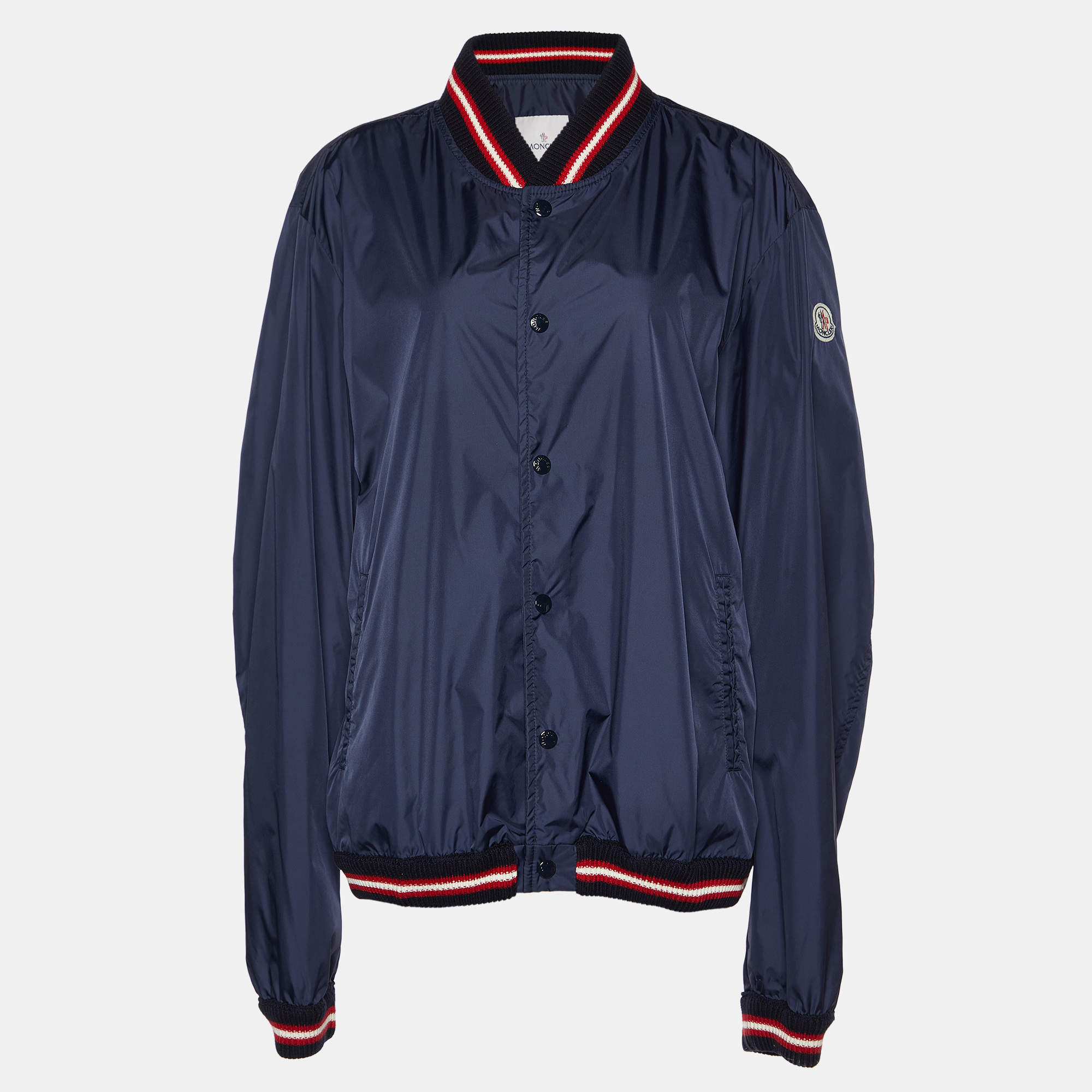 Moncler Navy Blue Synthetic Front Buttoned Varsity Jacket XXL
