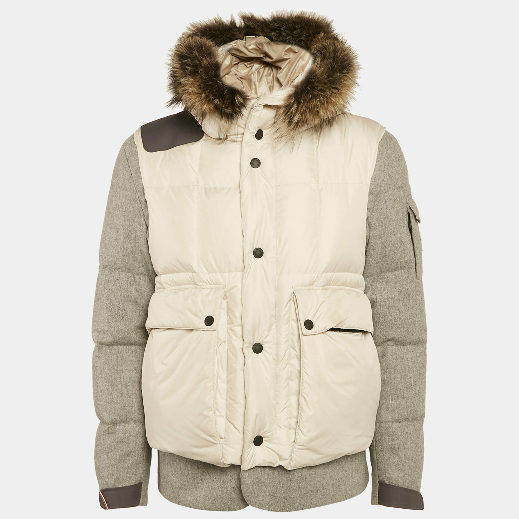 Moncler Beige Coyote Fur Trim Synthetic and Wool Colmiane Guibbotto Down Jacket L