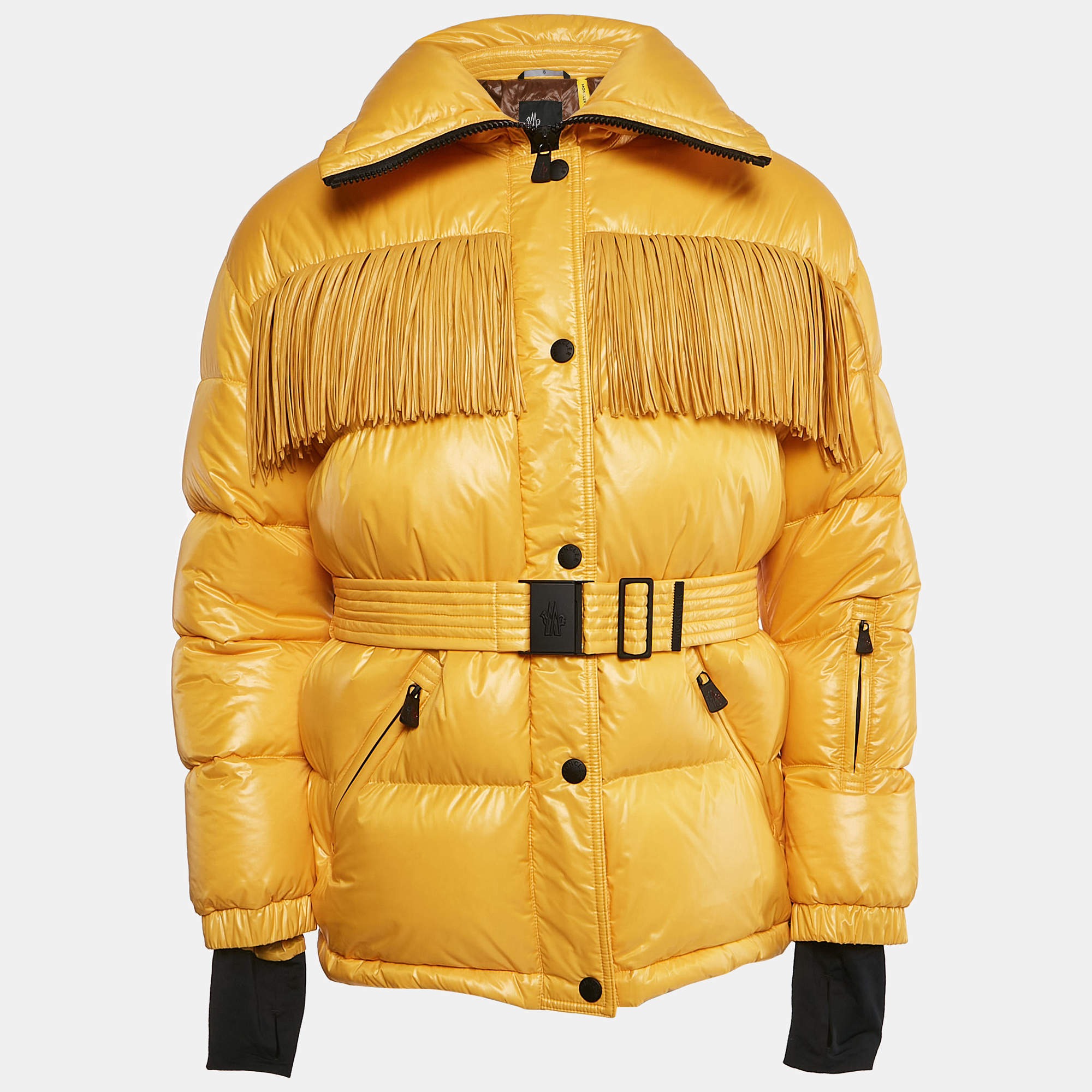 Moncler Yellow Nylon Button Front Fringe Detail Quilted Down Jacket L