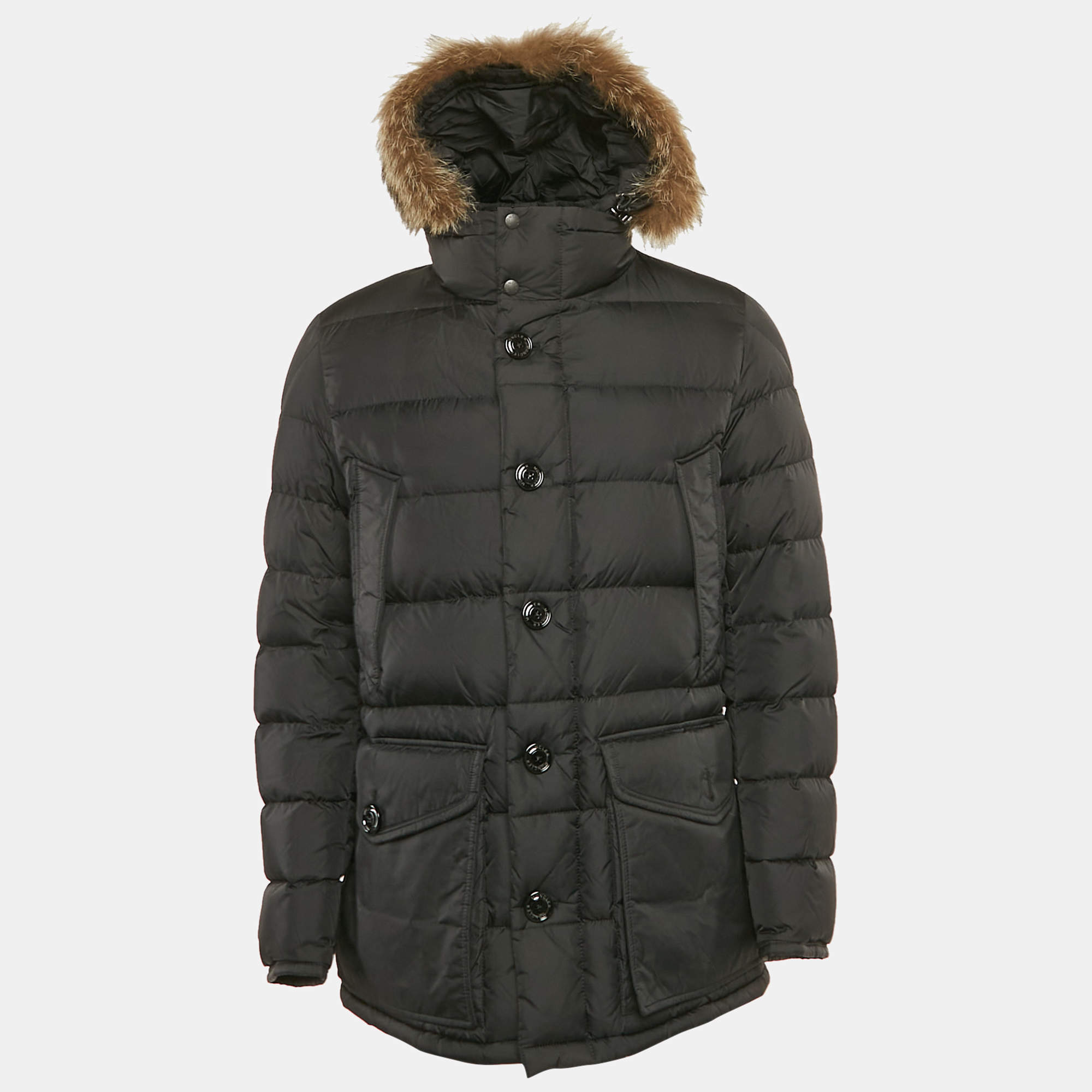 Moncler Black Real Fur Trim Nylon Hooded Down Jacket L