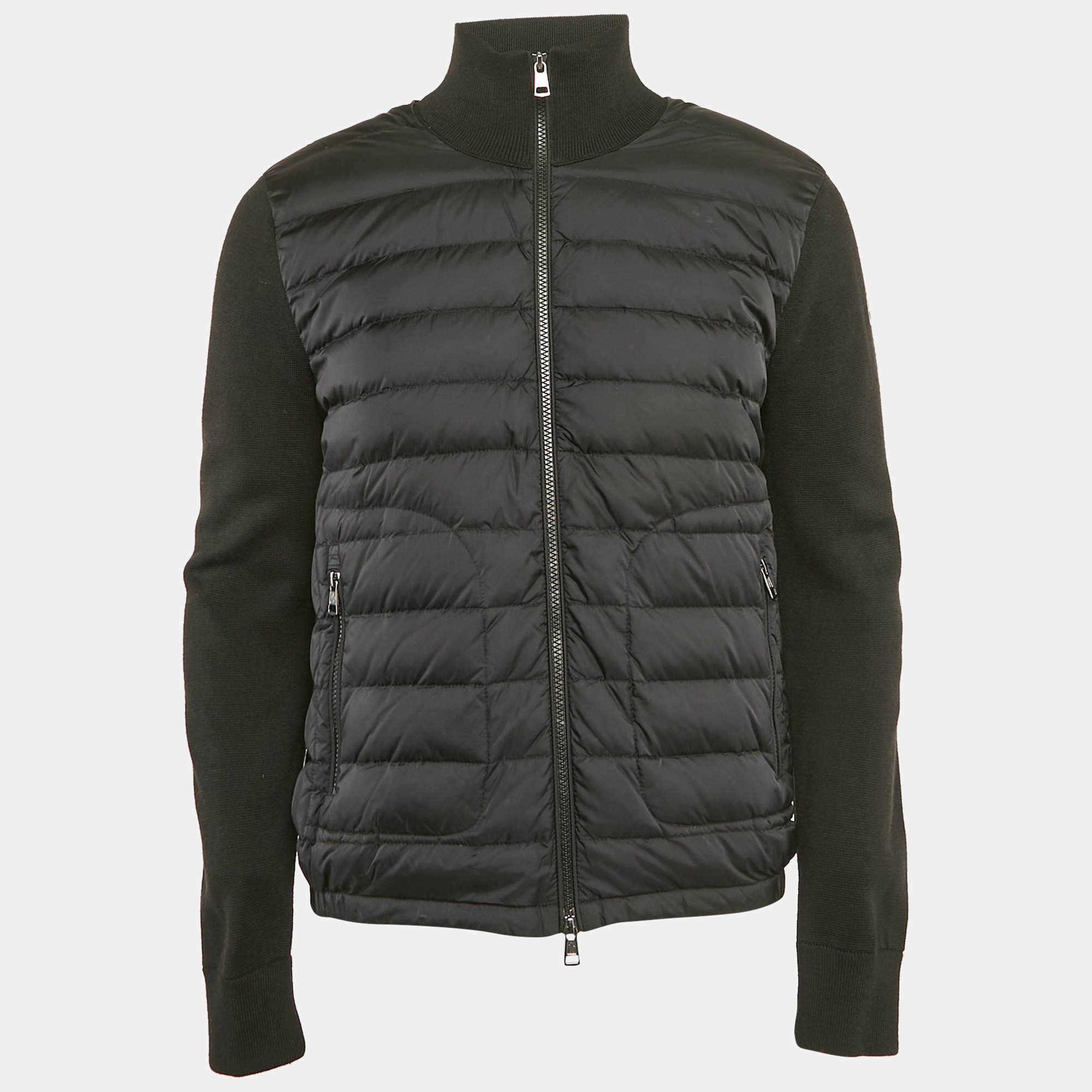 Pre Owned Moncler Black Nylon and Cotton Knit Maglia Tricot Cardigan Jacket L