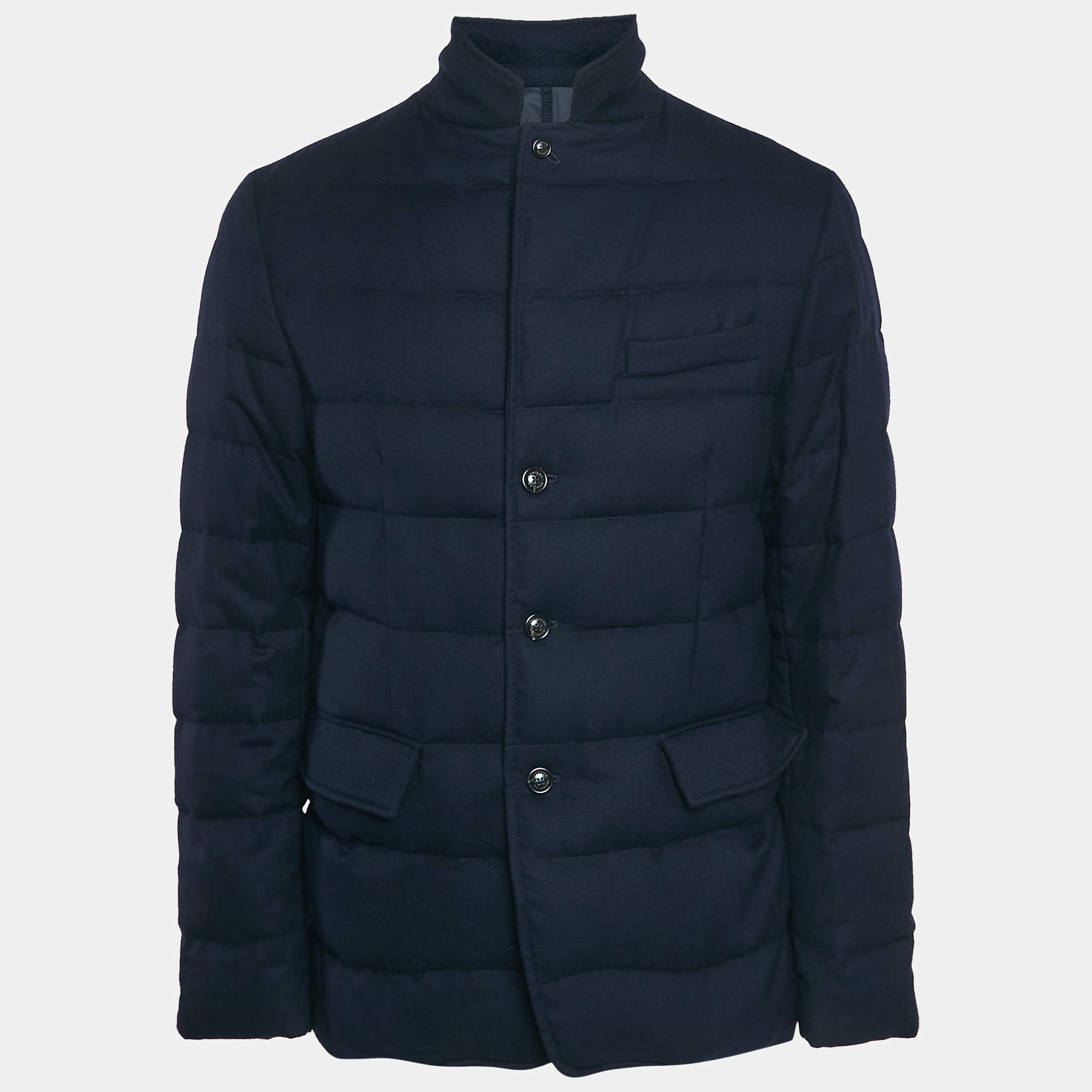 Moncler Navy Blue Wool Zip-Up Quilted Down Jacket L
