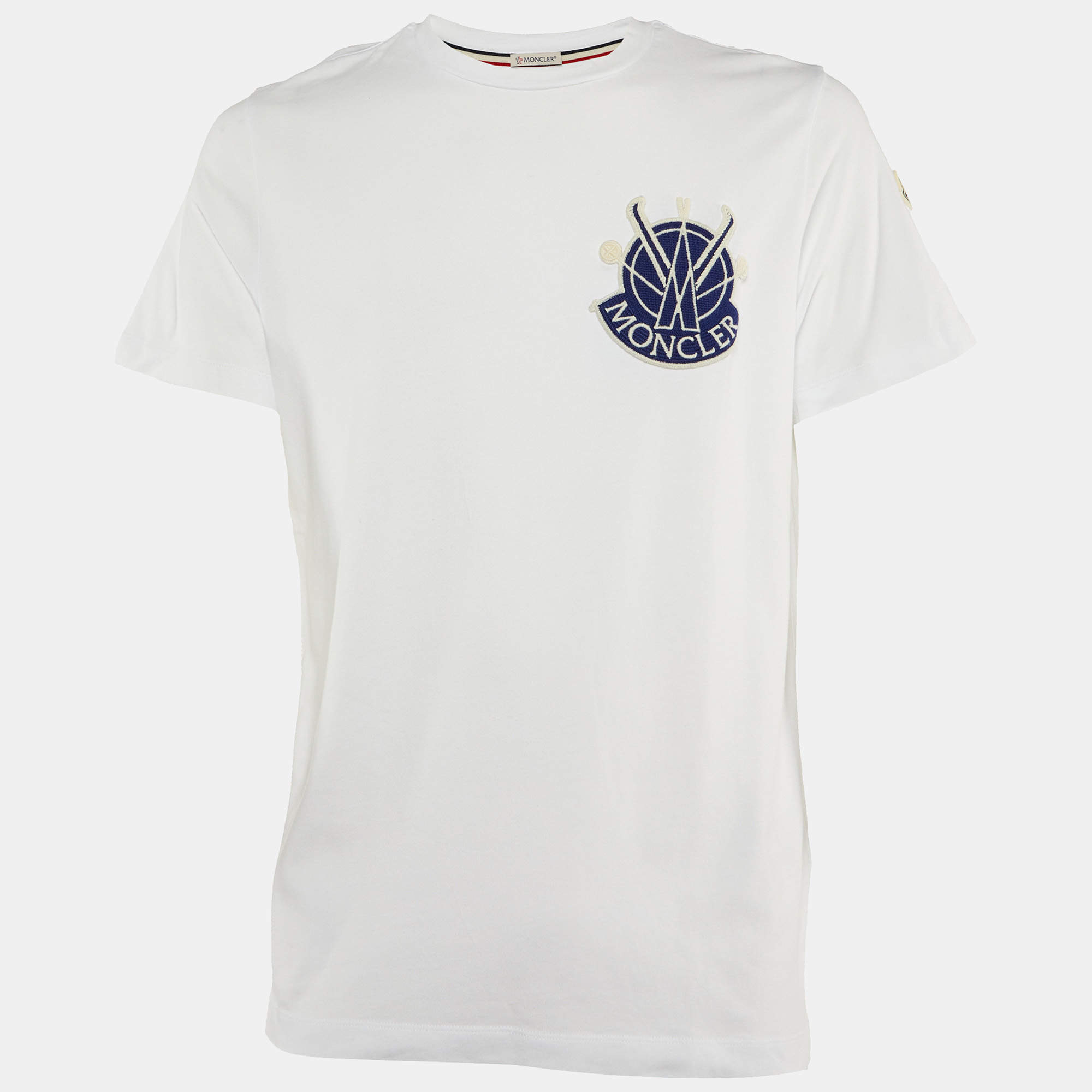Pre Owned Moncler White Cotton Logo Patch Detail T-Shirt M