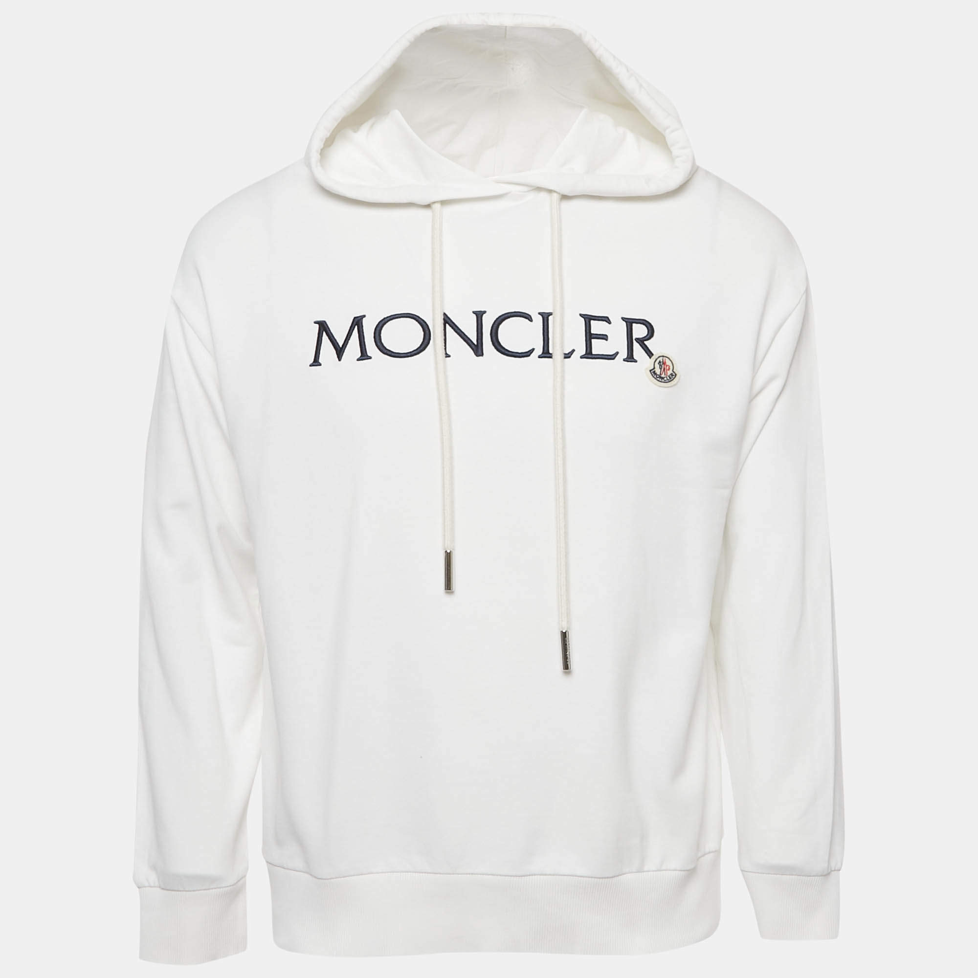 Pre Owned Moncler White Logo Embroidery Cotton Hooded Sweatshirt S
