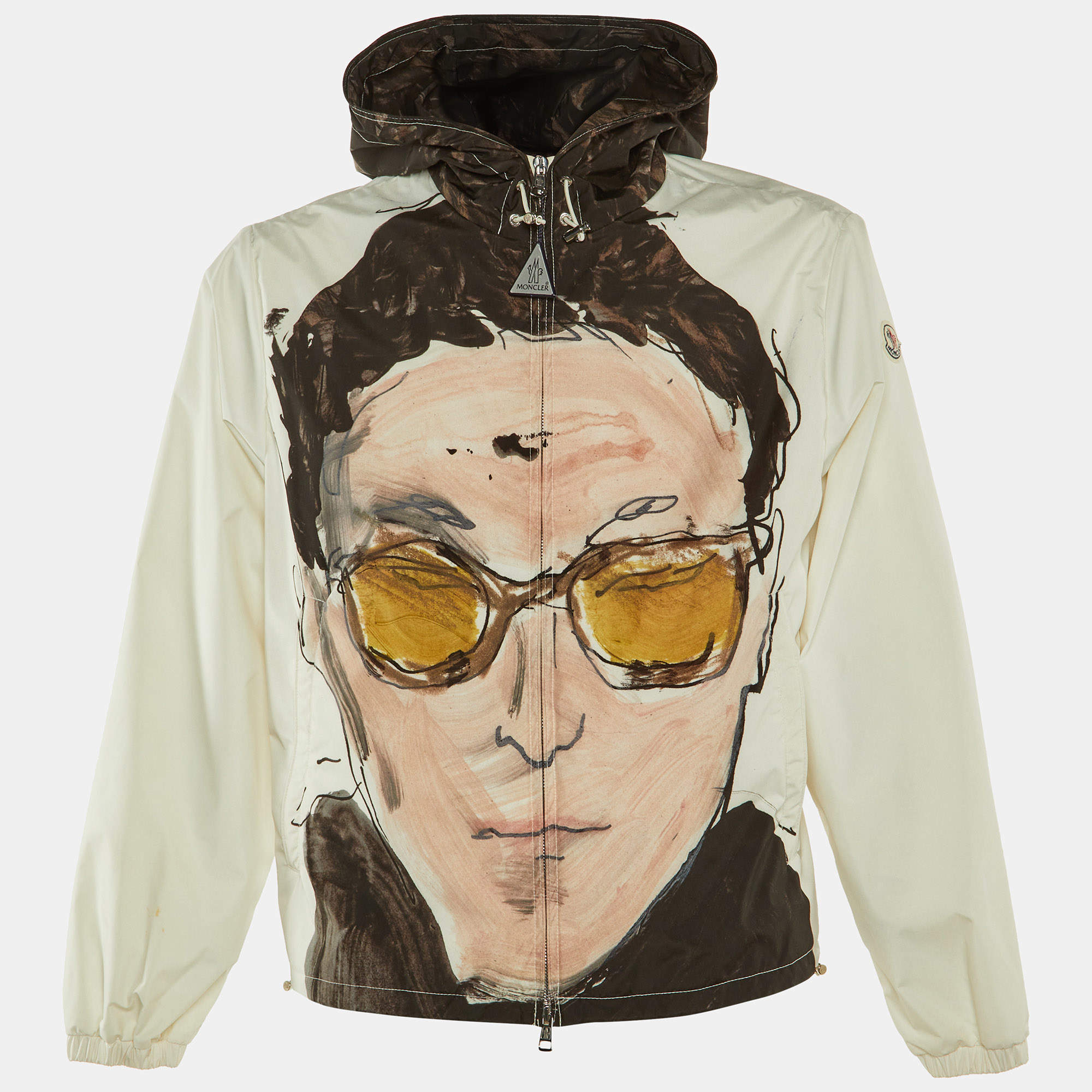 Pre Owned Moncler White Printed Polyester Hooded Jacket M