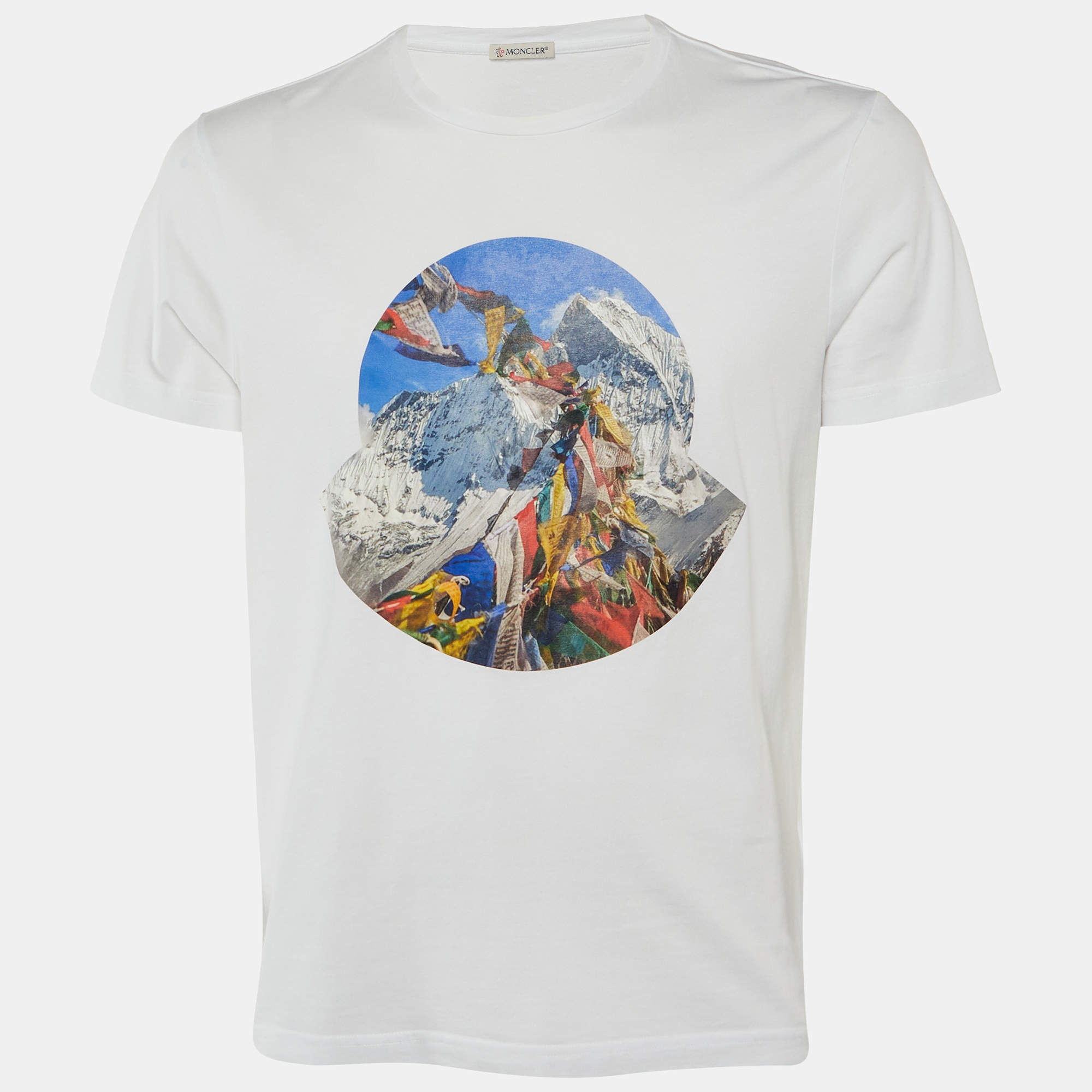 Pre Owned Moncler White Tibetan Flags Print Cotton Crew Neck T-Shirt L