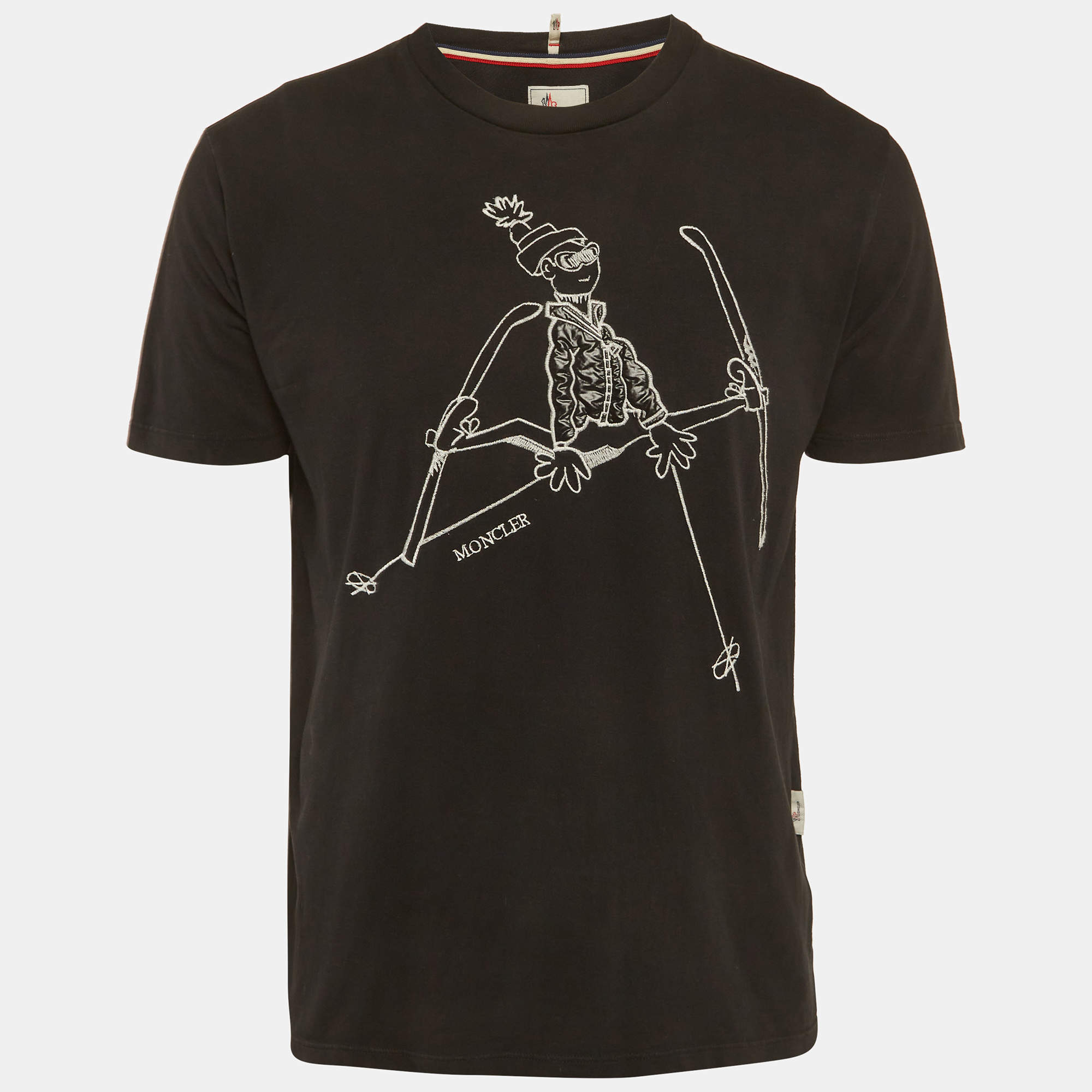 مملوكة مسبقًا Moncler Black Skier Embroidered Jersey T-Shirt L