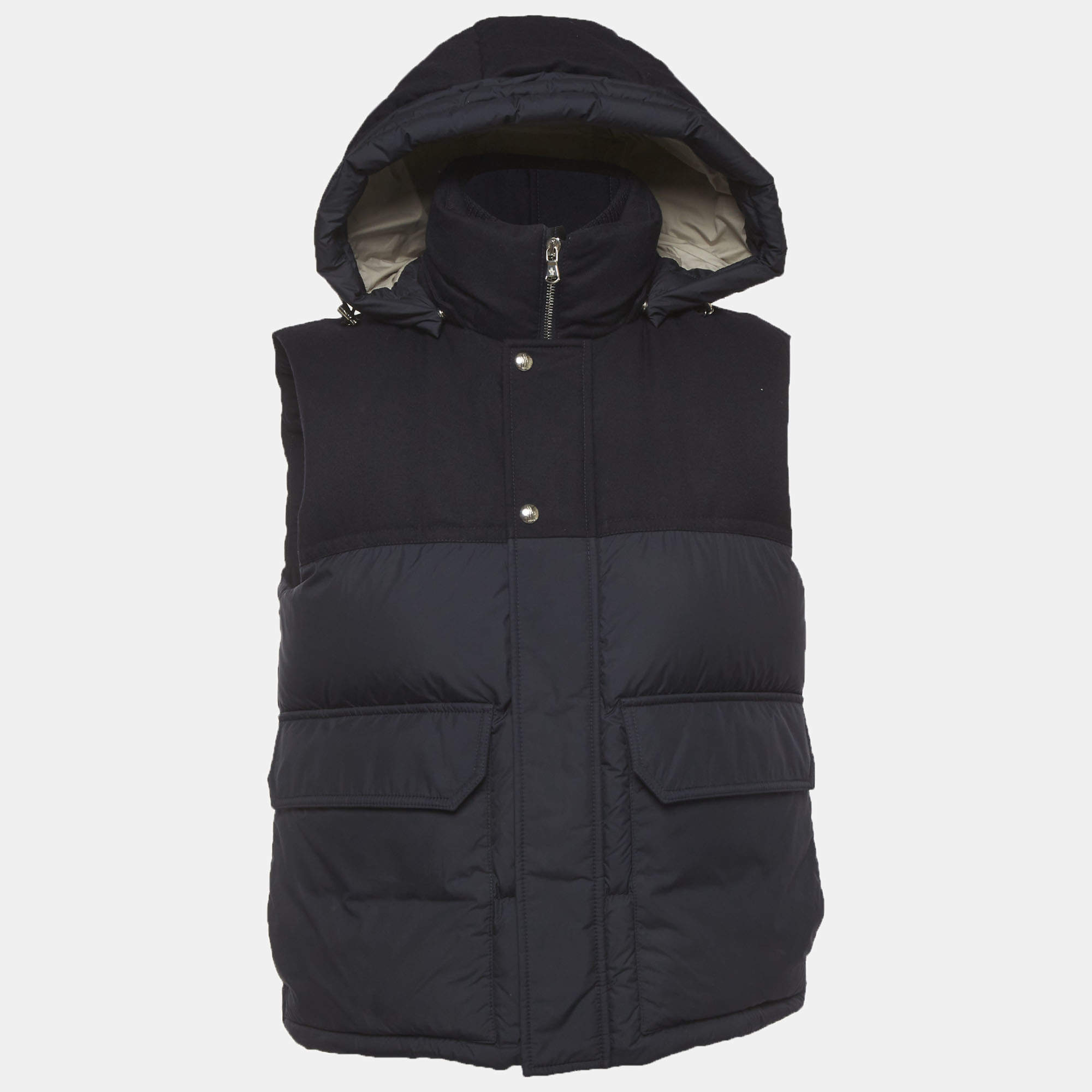 Pre Owned Moncler Navy Blue Synthetic Down Hooded Gilet M