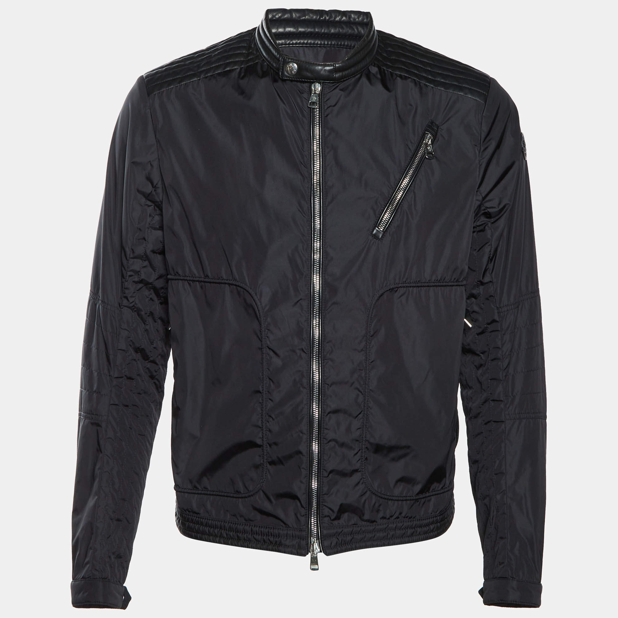 Pre Owned Moncler Black Nylon Leather Trim Bomber Erik Jacket L