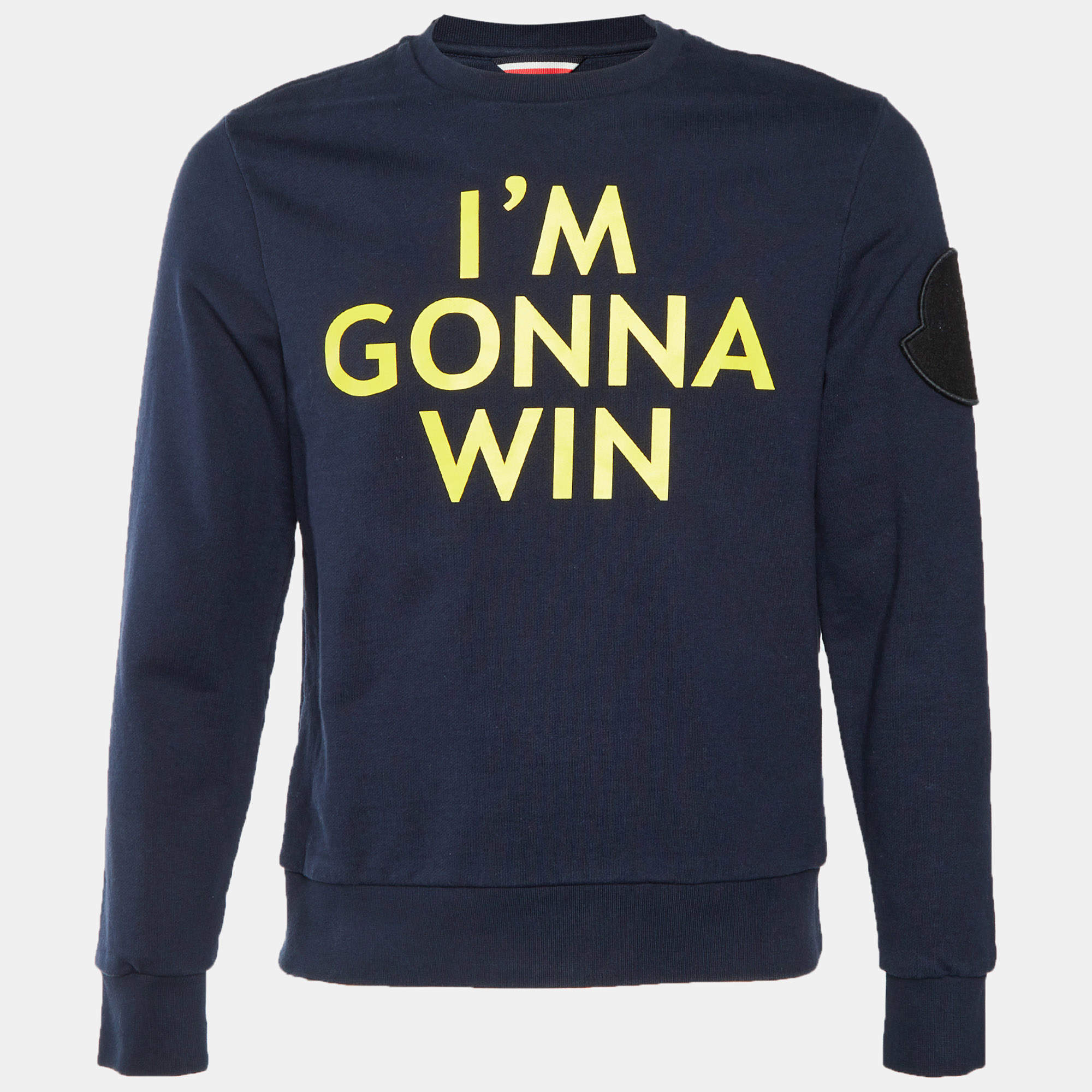 Pre Owned Moncler Navy Blue Slogan Print Cotton Fleece Crewneck Sweatshirt M