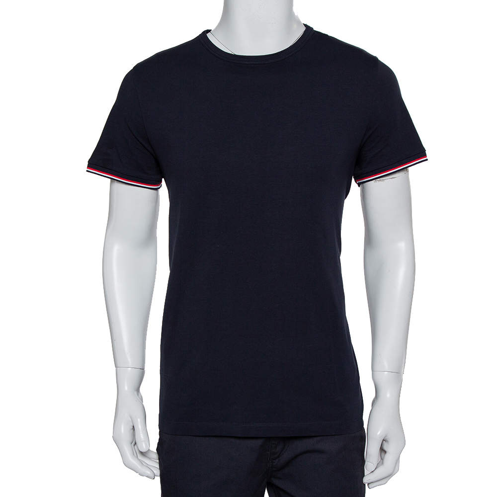 Pre Owned Moncler Navy Blue Logo Patch Cotton Crewneck T-Shirts XL