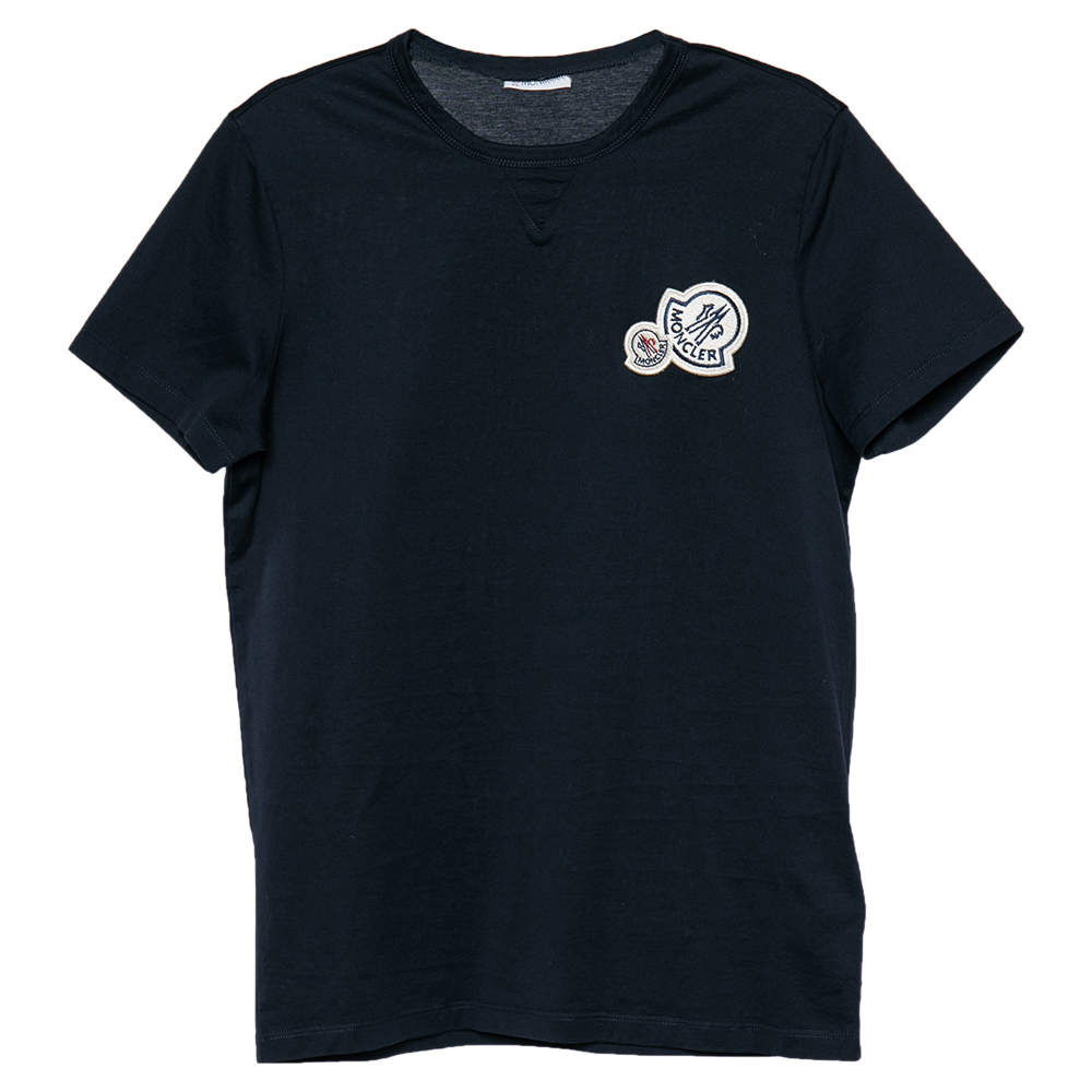 Pre Owned Moncler Navy Blue Cotton Logo Patch Detail T-Shirt S