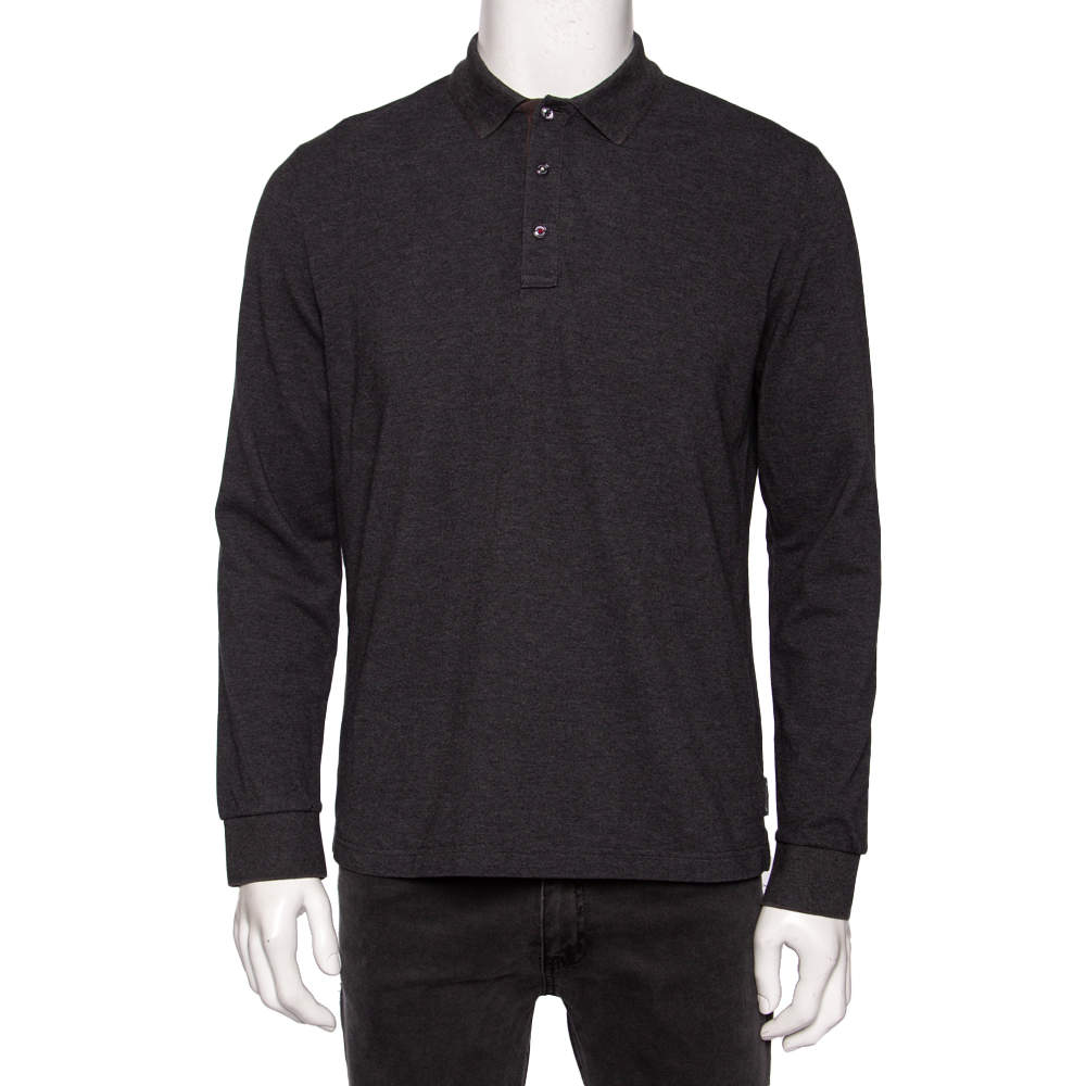 Moncler Grey Cotton Pique Long Sleeve Polo T-Shirt XL