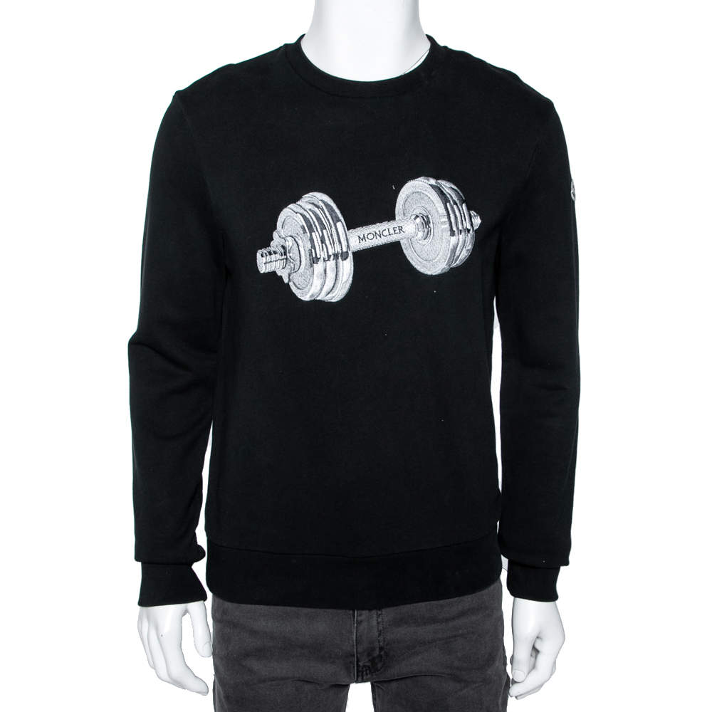 Pre Owned Moncler Black Dumbbell Embroidered Cotton Crew Neck Sweatshirt S