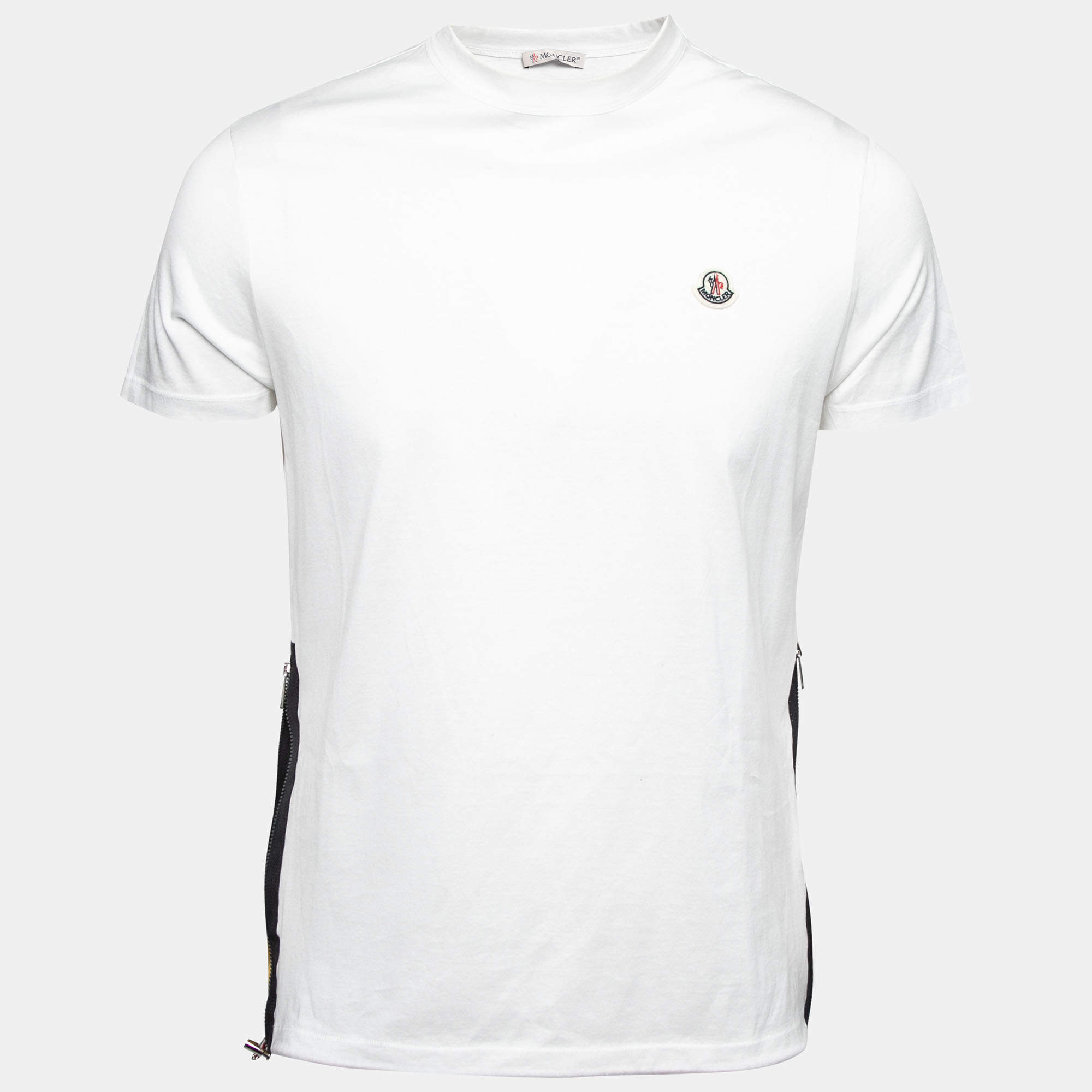 Pre Owned Moncler White Cotton Side Zipper Detailed Crew Neck T-Shirt S