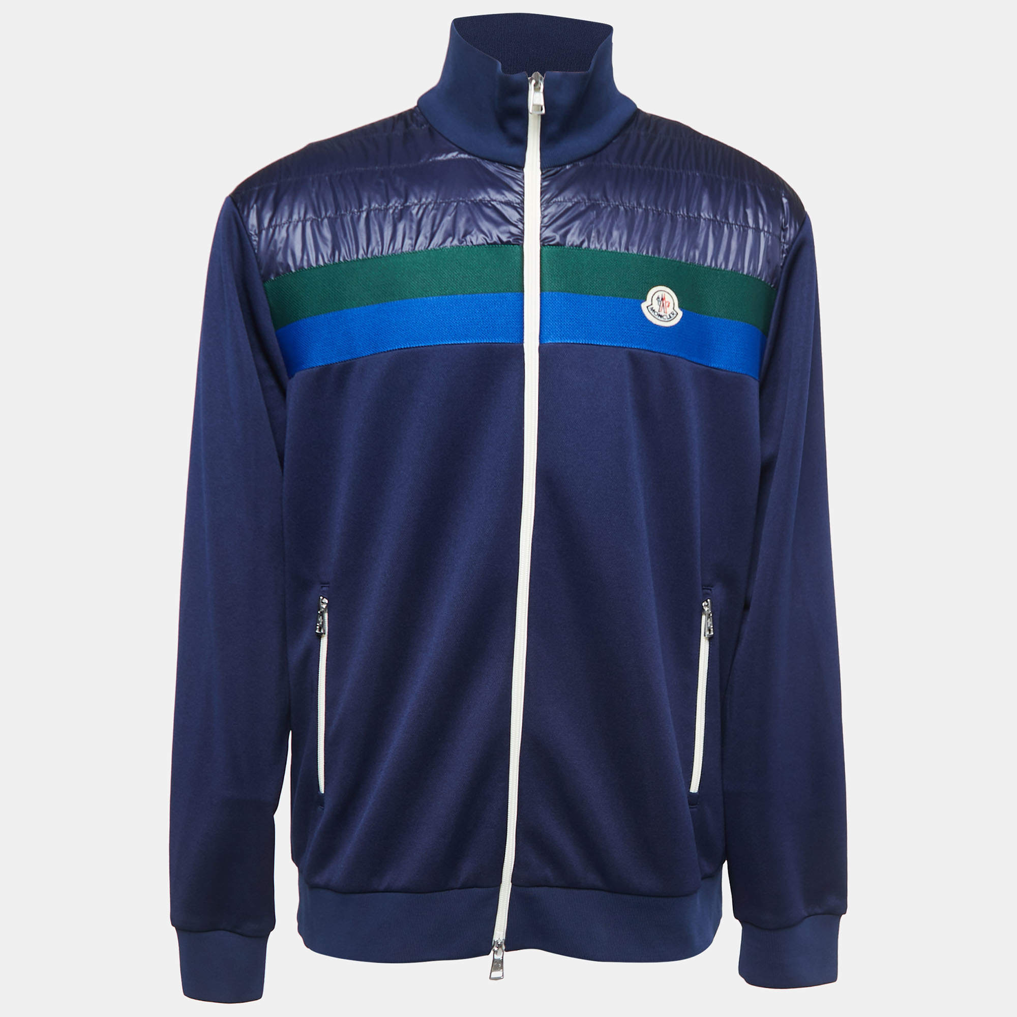 Moncler Navy Blue Striped Logo Patch Zip Up Jacket XL