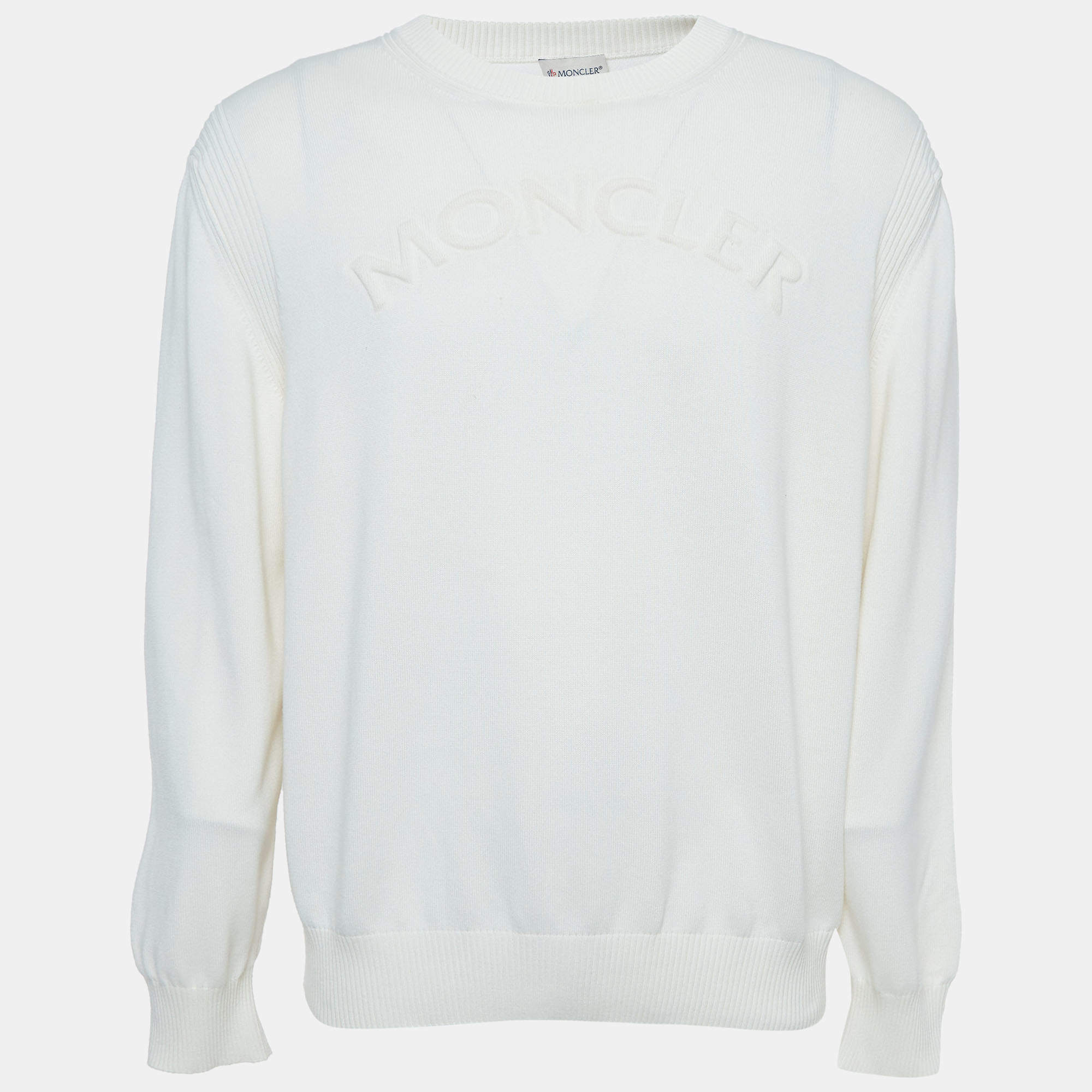 Pre Owned Moncler Off White Logo Embossed Cotton Knit Jumper XL