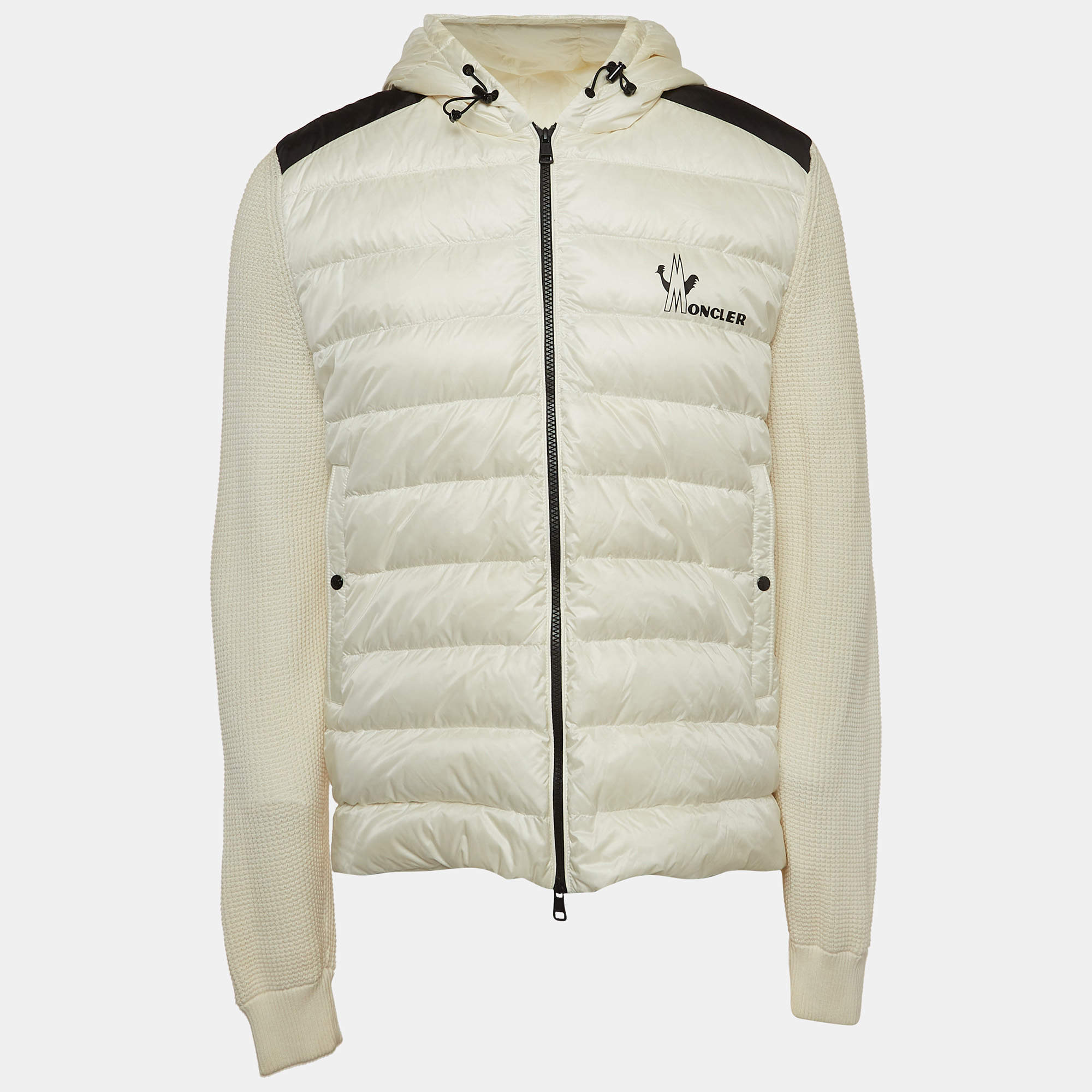 Moncler Off-White Cotton Knit and Quilted Nylon Down Tricot Cardigan L
