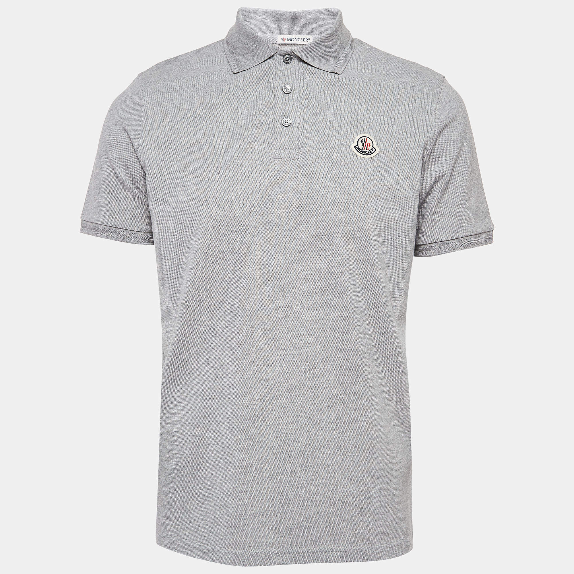 Pre Owned Moncler Grey Cotton Pique Logo Patch Polo T-Shirt M