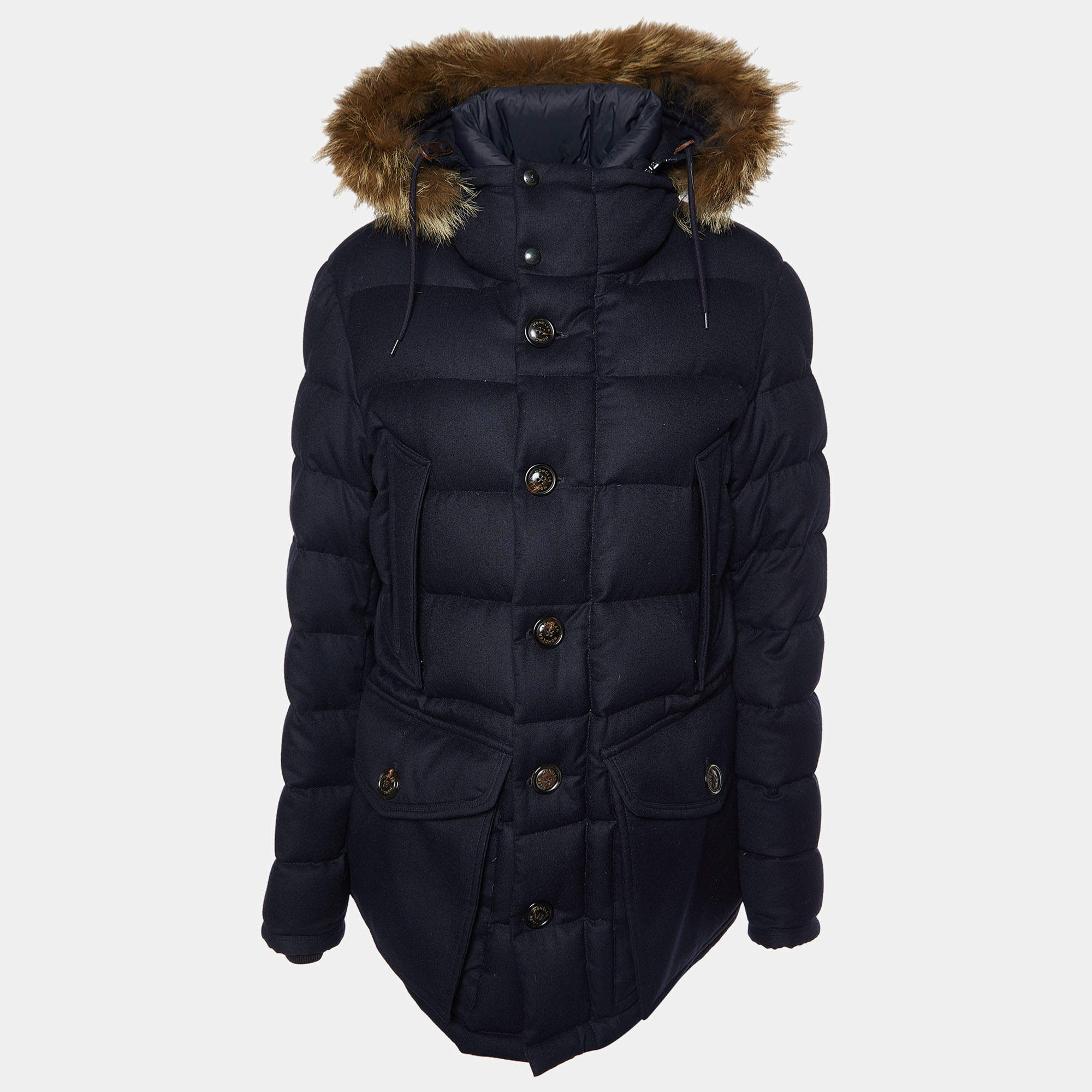 Moncler Navy Blue Wool Fur Hooded Rethel Puffer Jacket M