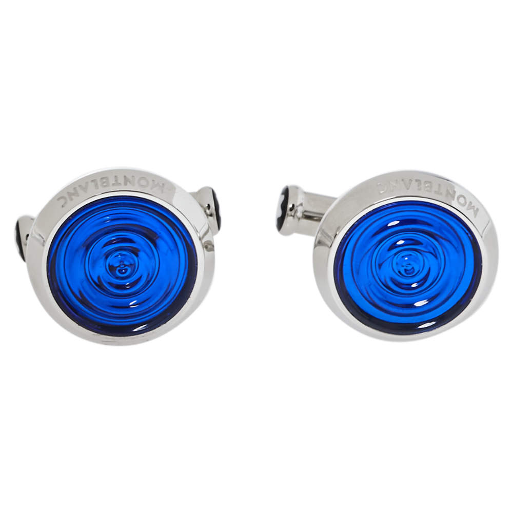 Pre Owned Montblanc Stainless Steel Blue Resin Urban Spirit Round Cufflinks