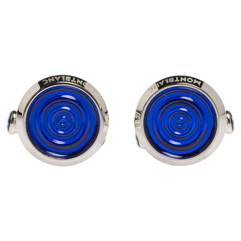 Pre Owned Montblanc Stainless Steel Blue Resin Urban Spirit Round Cufflinks