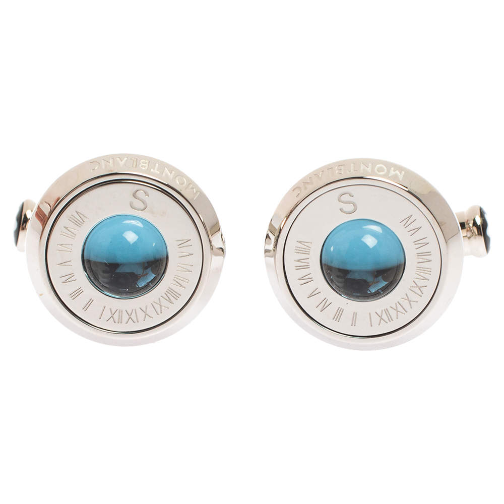 Pre Owned Montblanc Stainless Steel & Blue Sunstone Urban Spirit Round Cufflinks