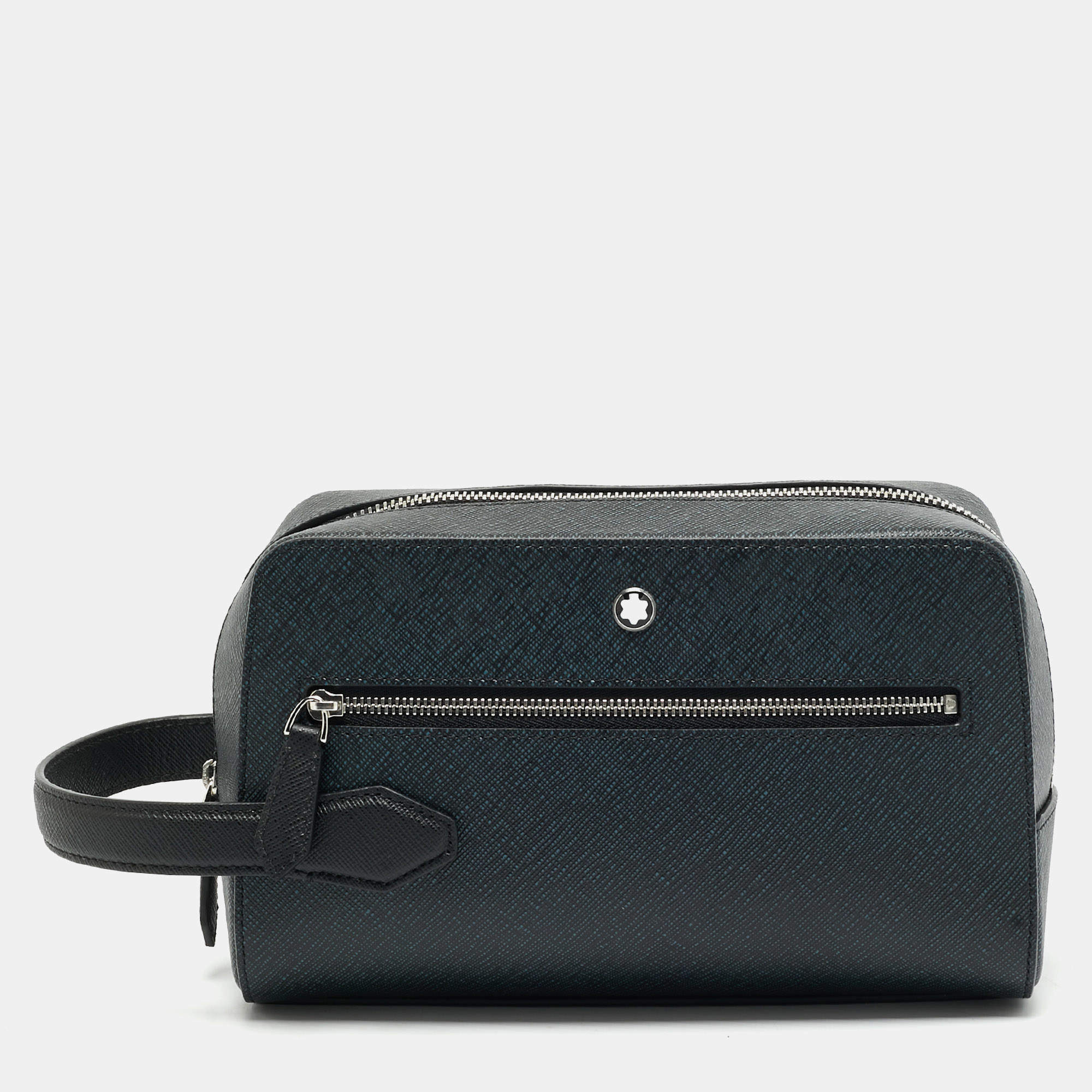 Pre Owned Montblanc Wash Tweed Blue Sartorial Leather Clutch