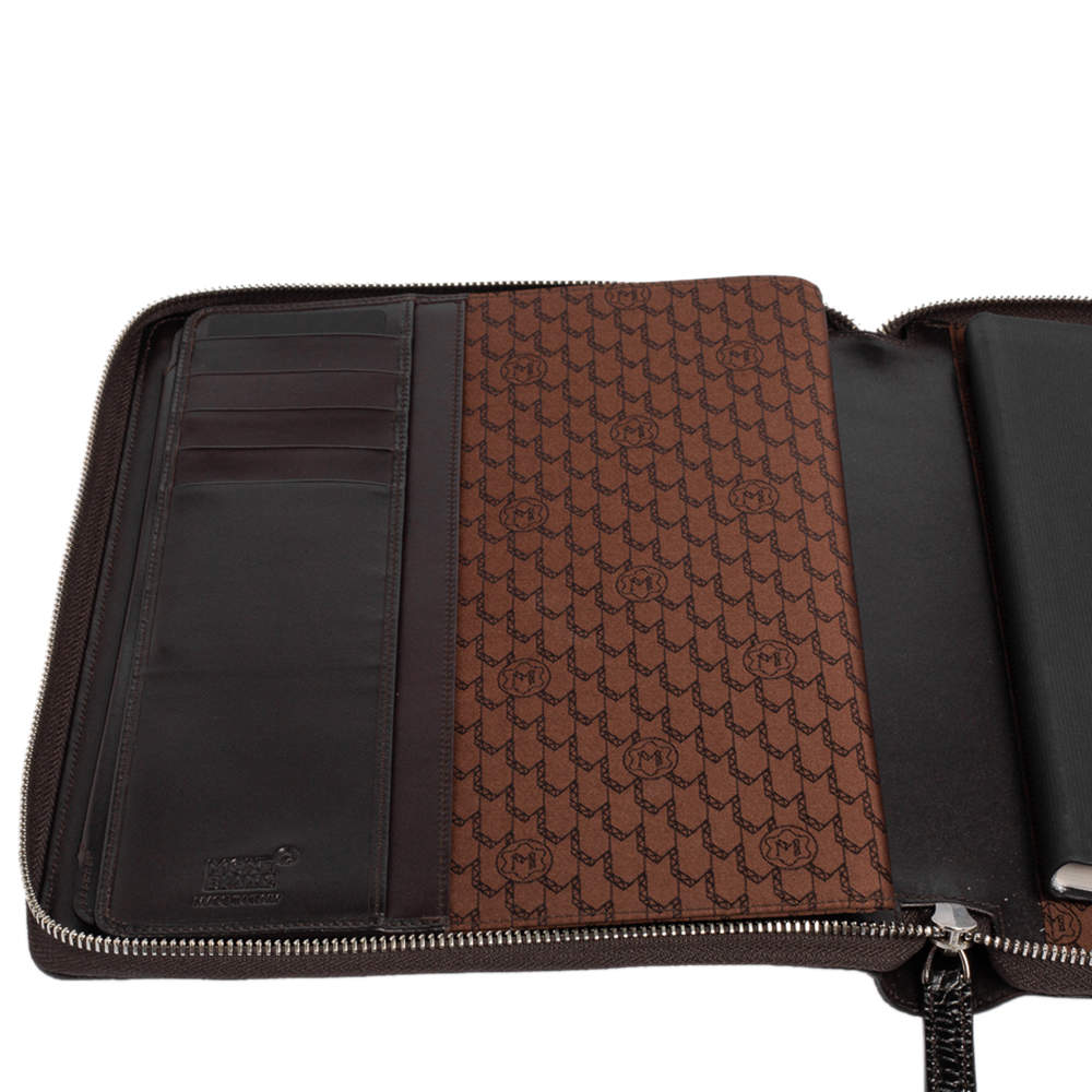 Pre Owned Montblanc Mocha Brown Croc Embossed Leather Meisterstuck Zip Business Companion Clutch