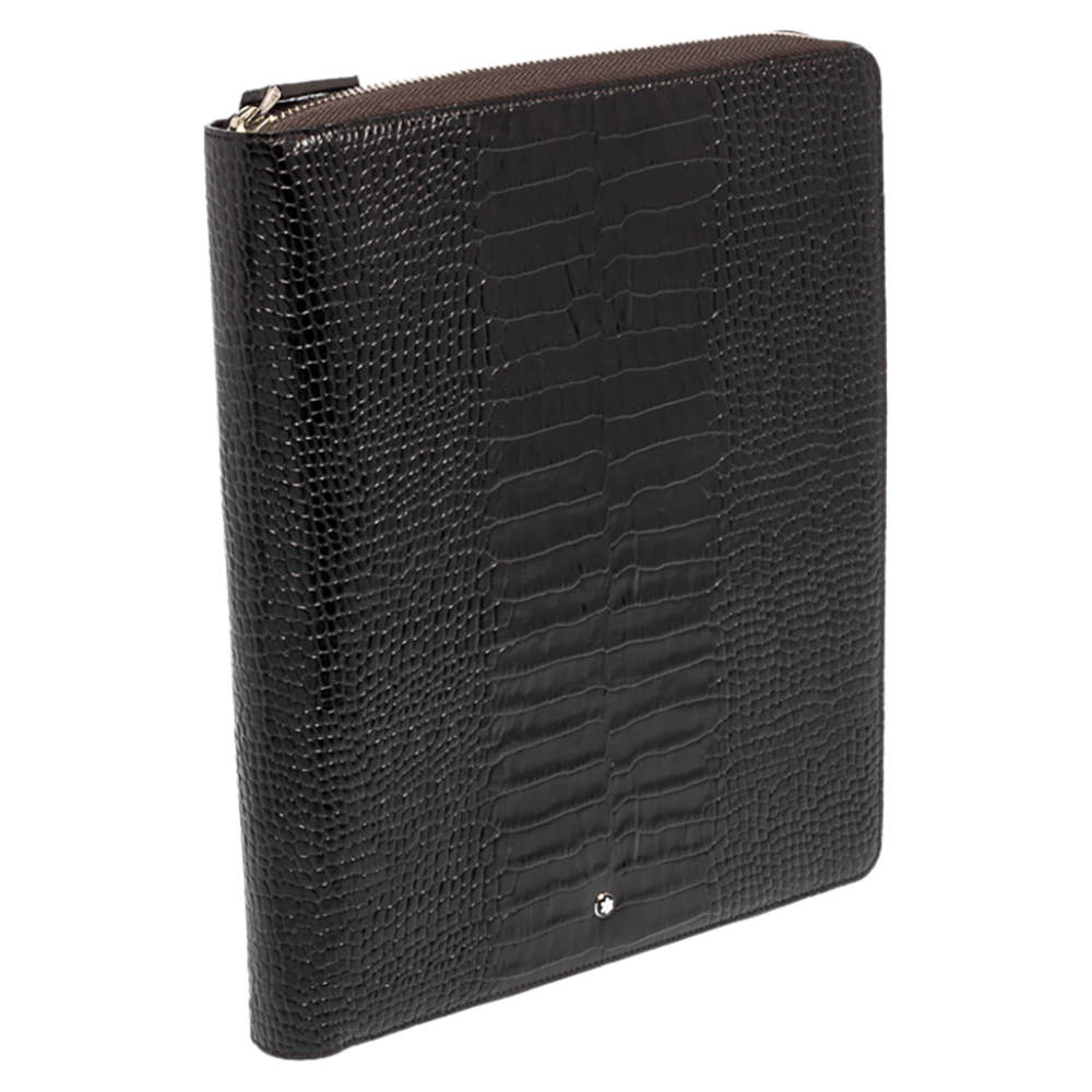 Pre Owned Montblanc Mocha Brown Croc Embossed Leather Meisterstuck Zip Business Companion Clutch