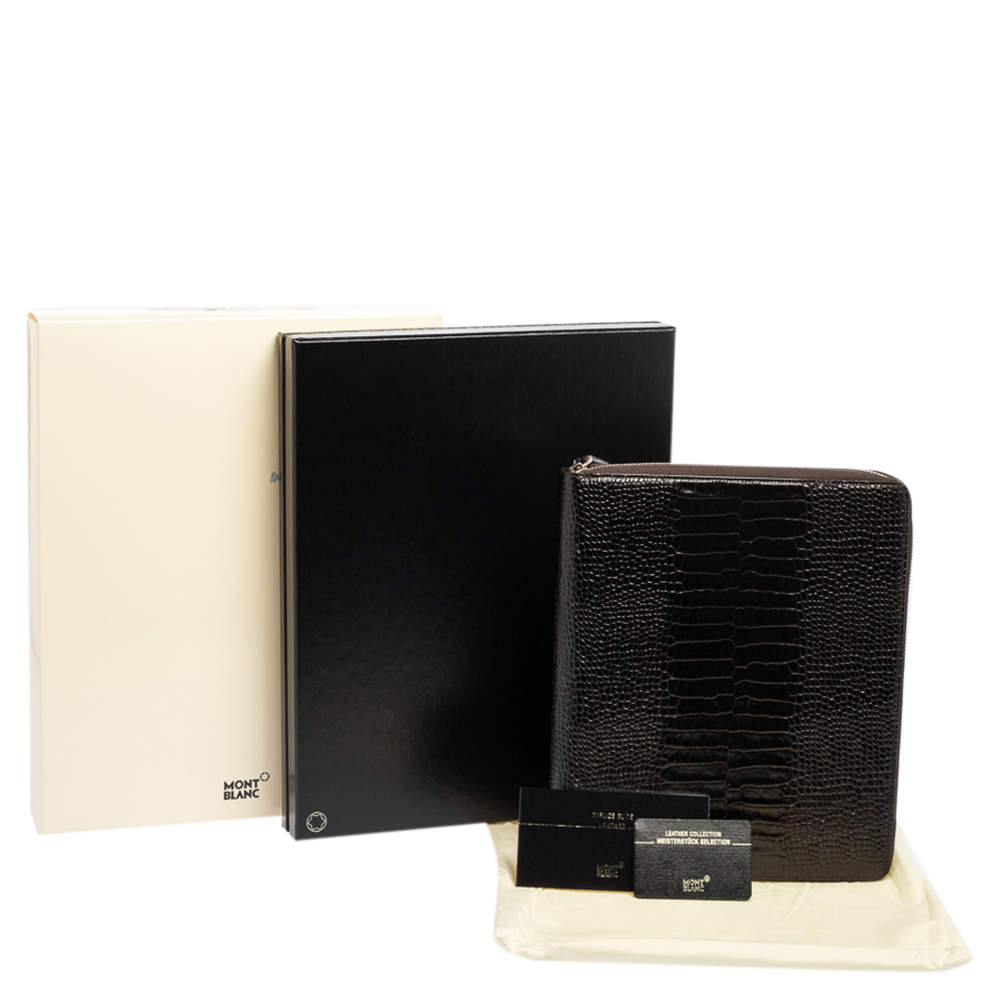 Pre Owned Montblanc Mocha Brown Croc Embossed Leather Meisterstuck Zip Business Companion Clutch