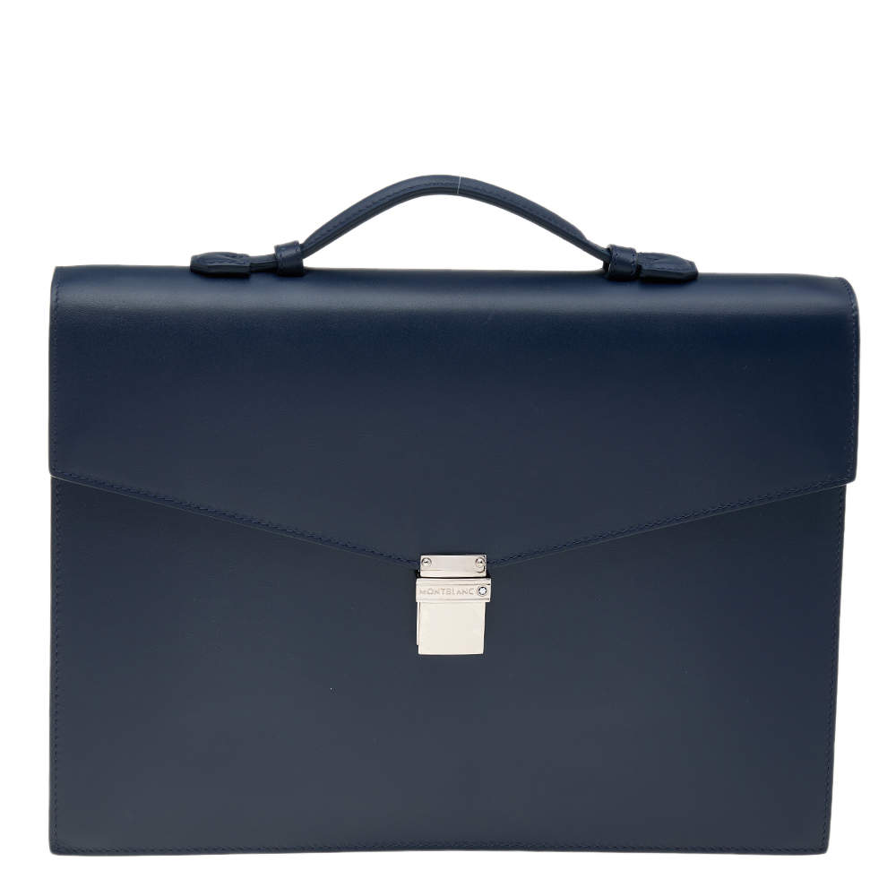 Pre Owned Montblanc Navy Blue Leather Meisterstuck Classic Single Gusset Briefcase