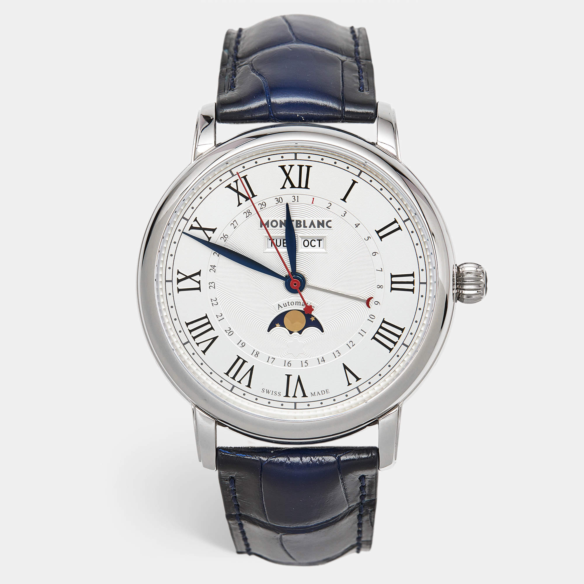 Pre Owned Montblanc Star Legacy Full Calendar M129178 Silver Dial Stainless Steel Alligator Leather Men's Wristwatch 42 mm